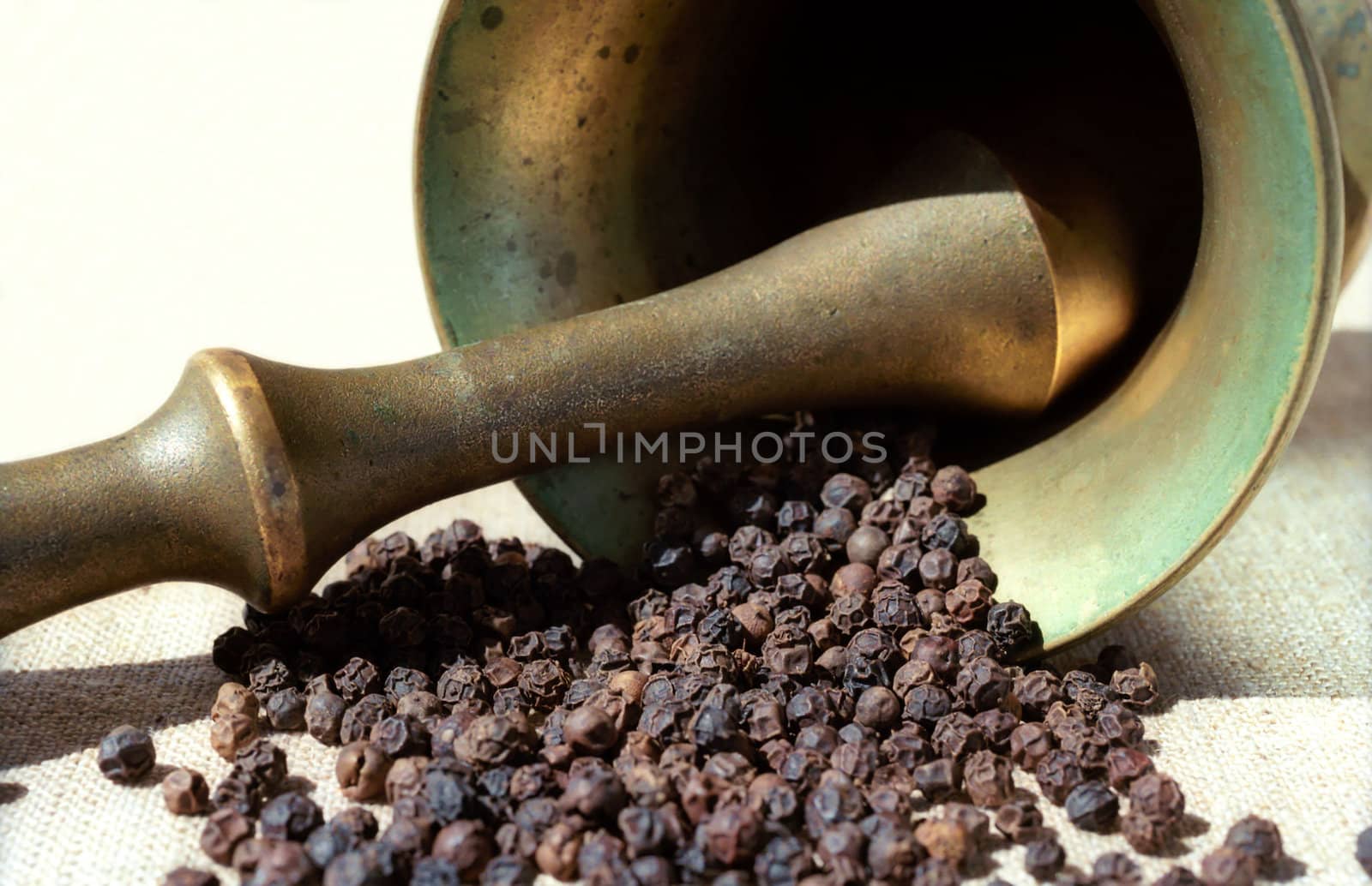 Pepper, pounder and pestle in macro