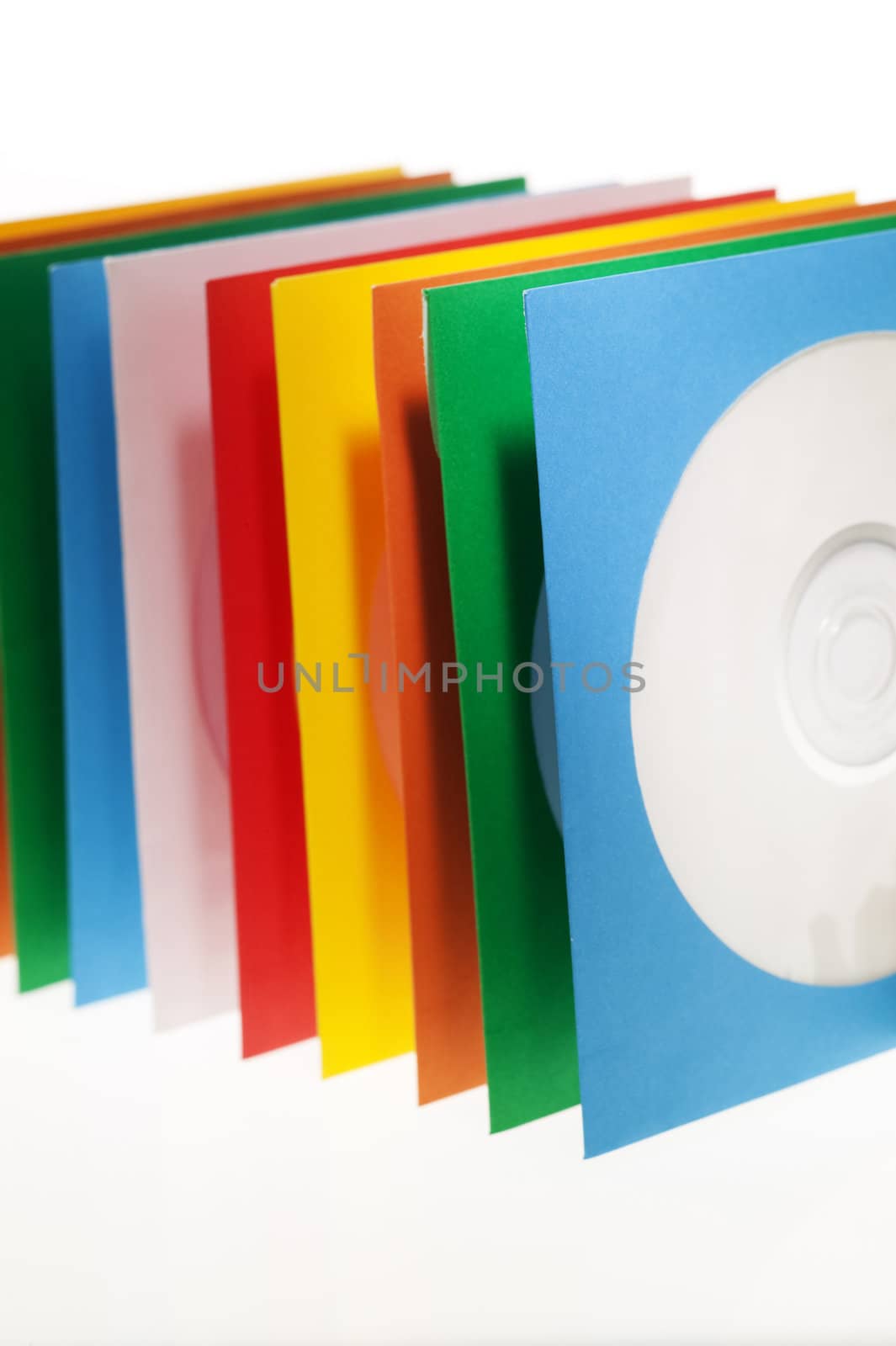 Multiple disc sleeves, standing on a clean background with a disc showing in the first window.