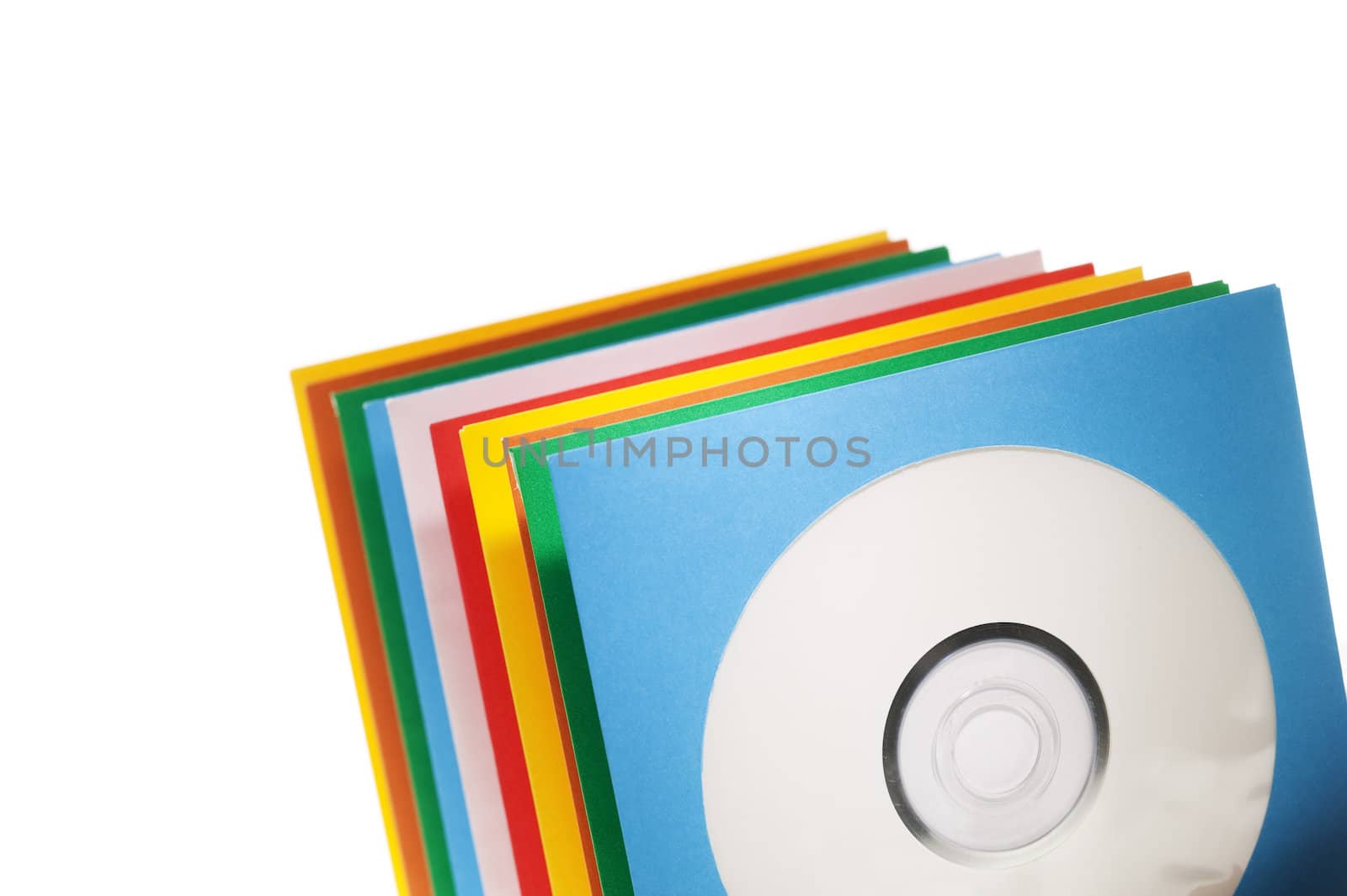 Multiple disc sleeves, standing on a clean background with a disc showing in the first window.