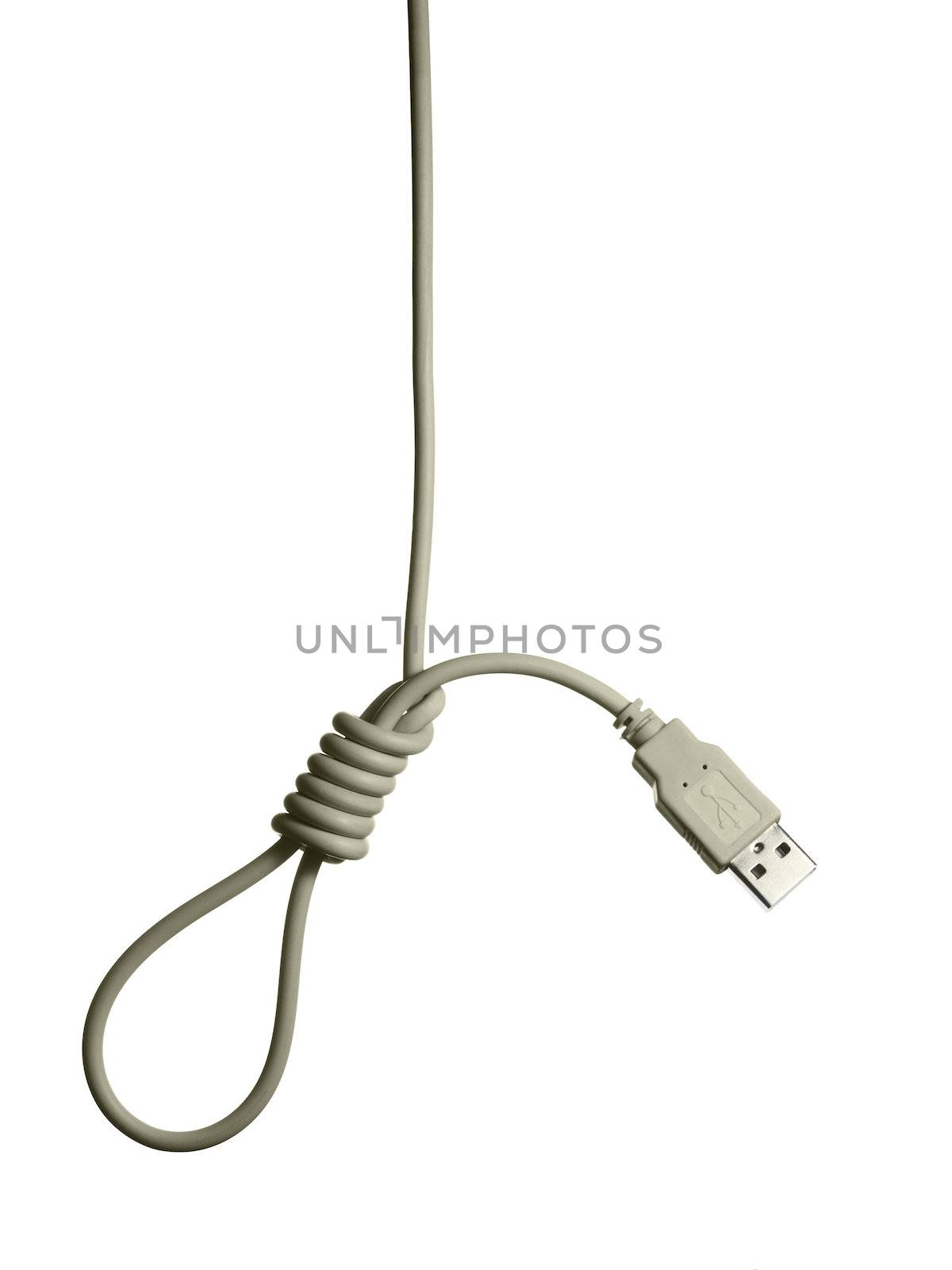 An isolated gallows�s rope made out of a white USB wire.