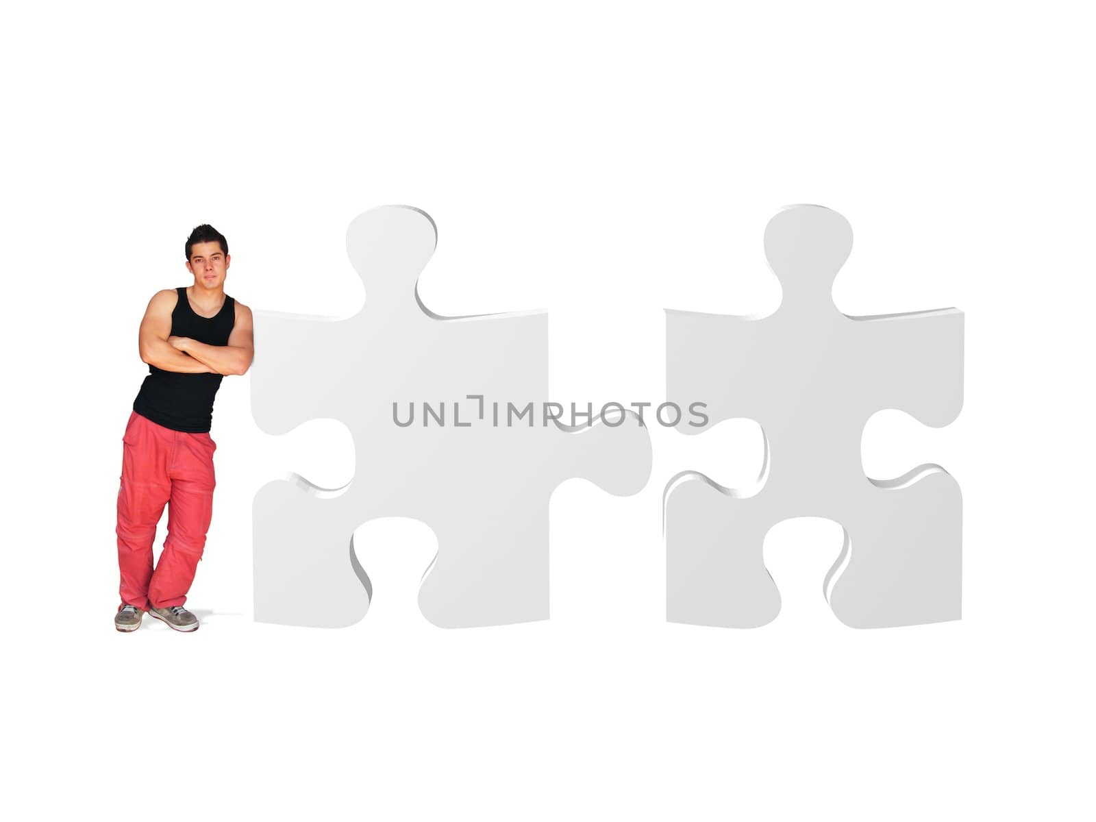 metaphor picture showing a guy moving puzzle pieces, applicable to several concepts