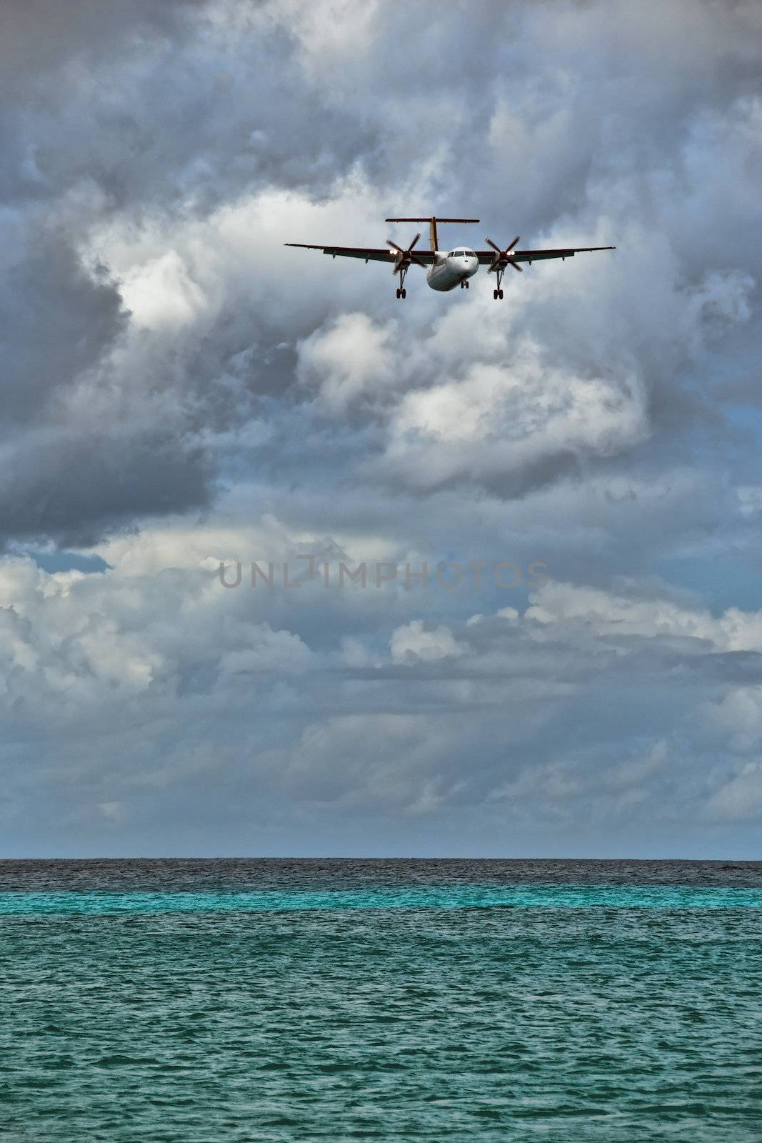 Plane Landing near Maho Bay in Saint Maarten Island, Dutch Antilles