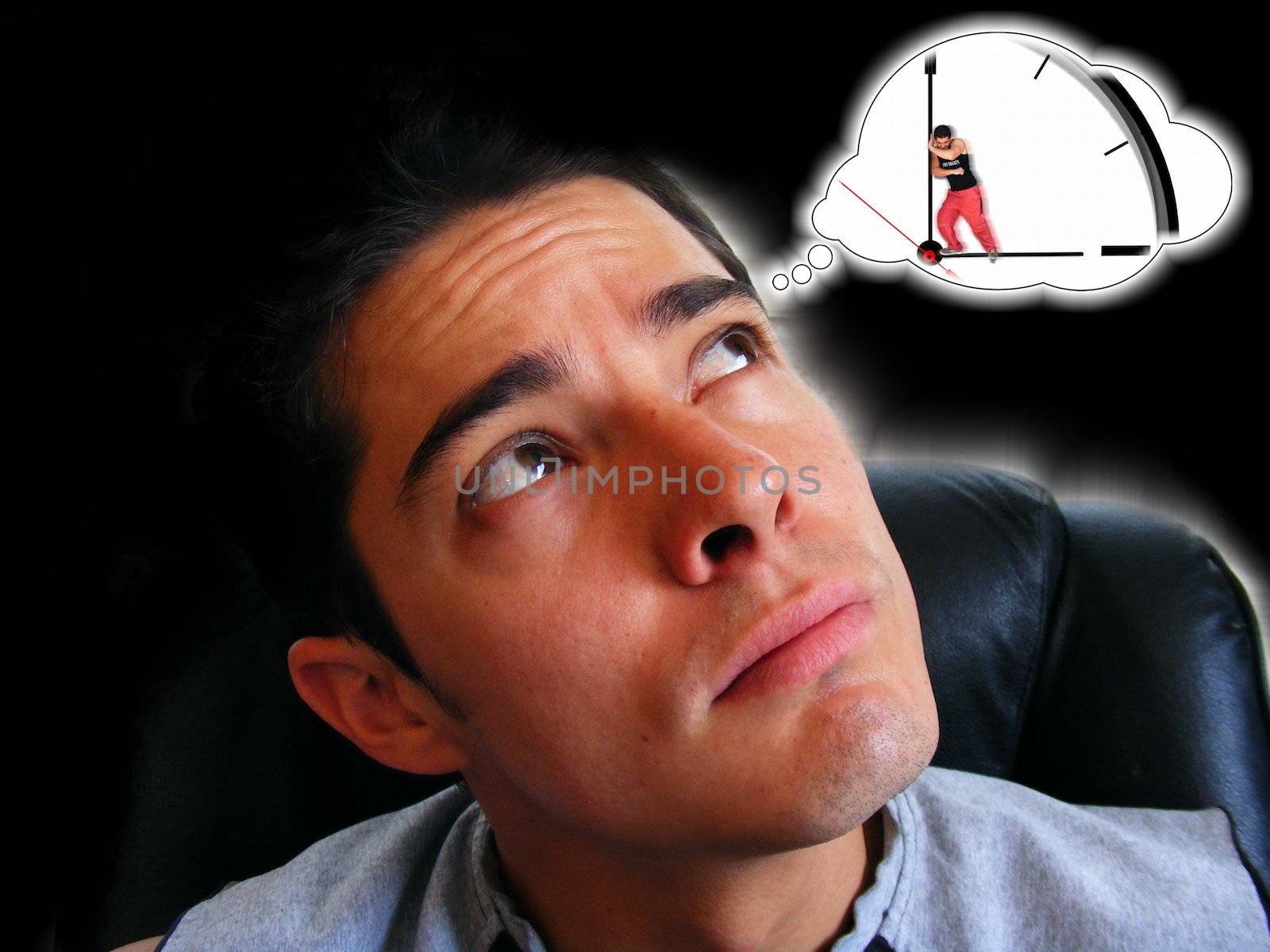 young man thinking how save time, composition using photo, 3d and vector