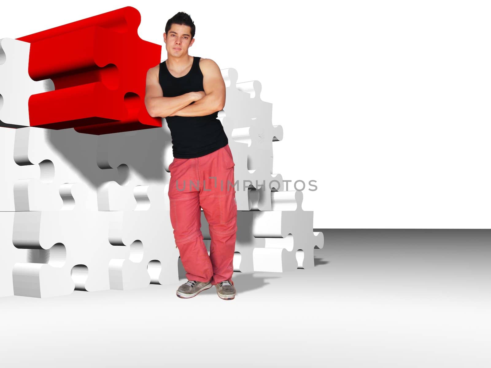 metaphor picture showing a guy moving puzzle pieces, applicable to several concepts