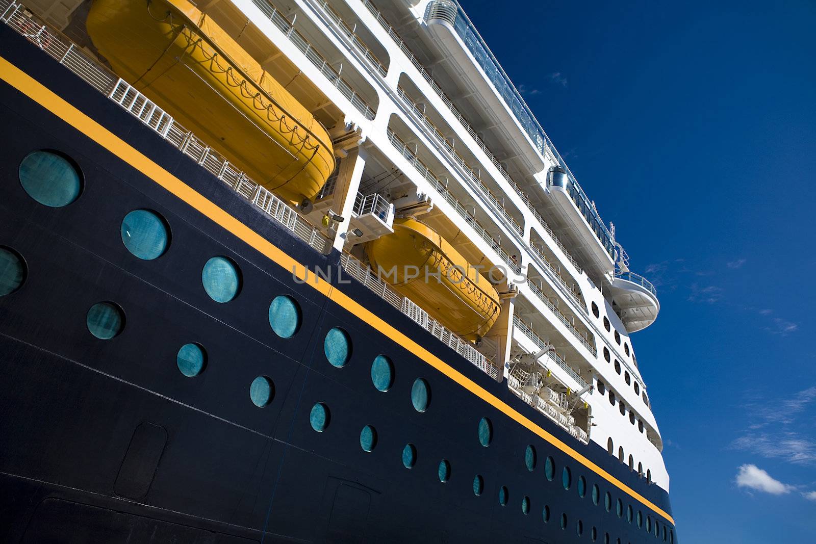 side shot of Cruise ship docked in Bahamas