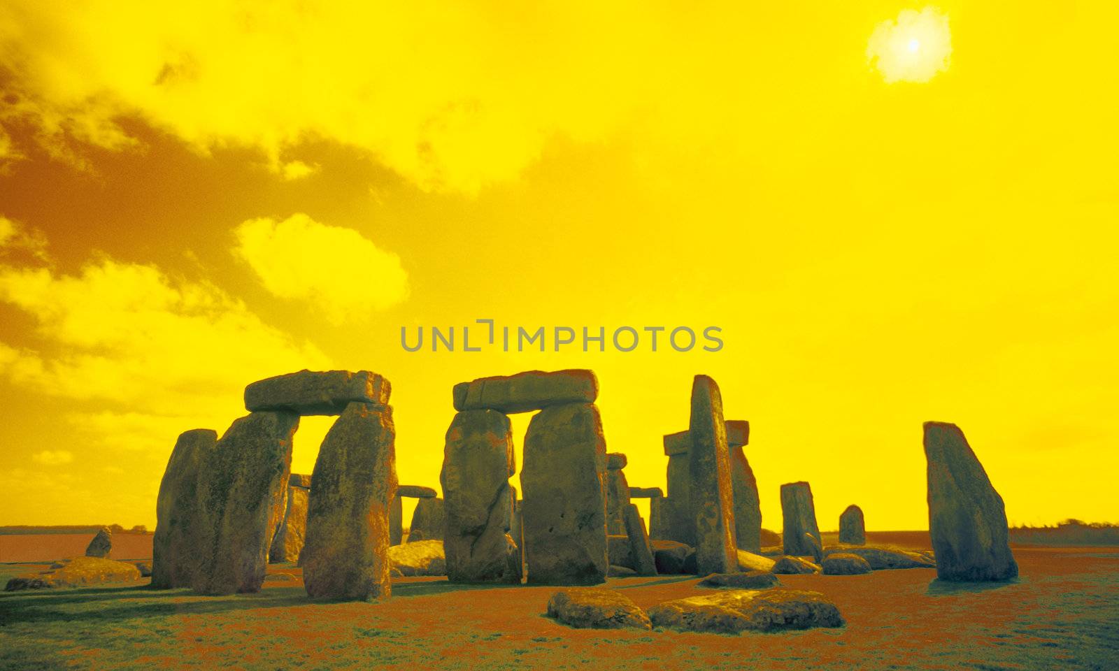Stonehenge with a yellow sky