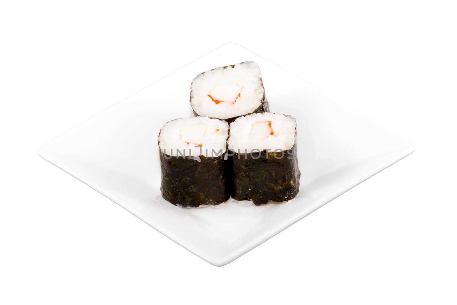 a square white plate with three pieces of sushi