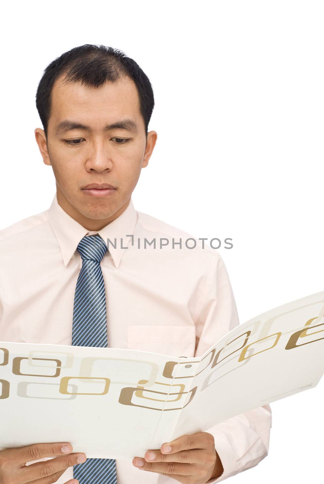 Businessman review data on folder on white background.