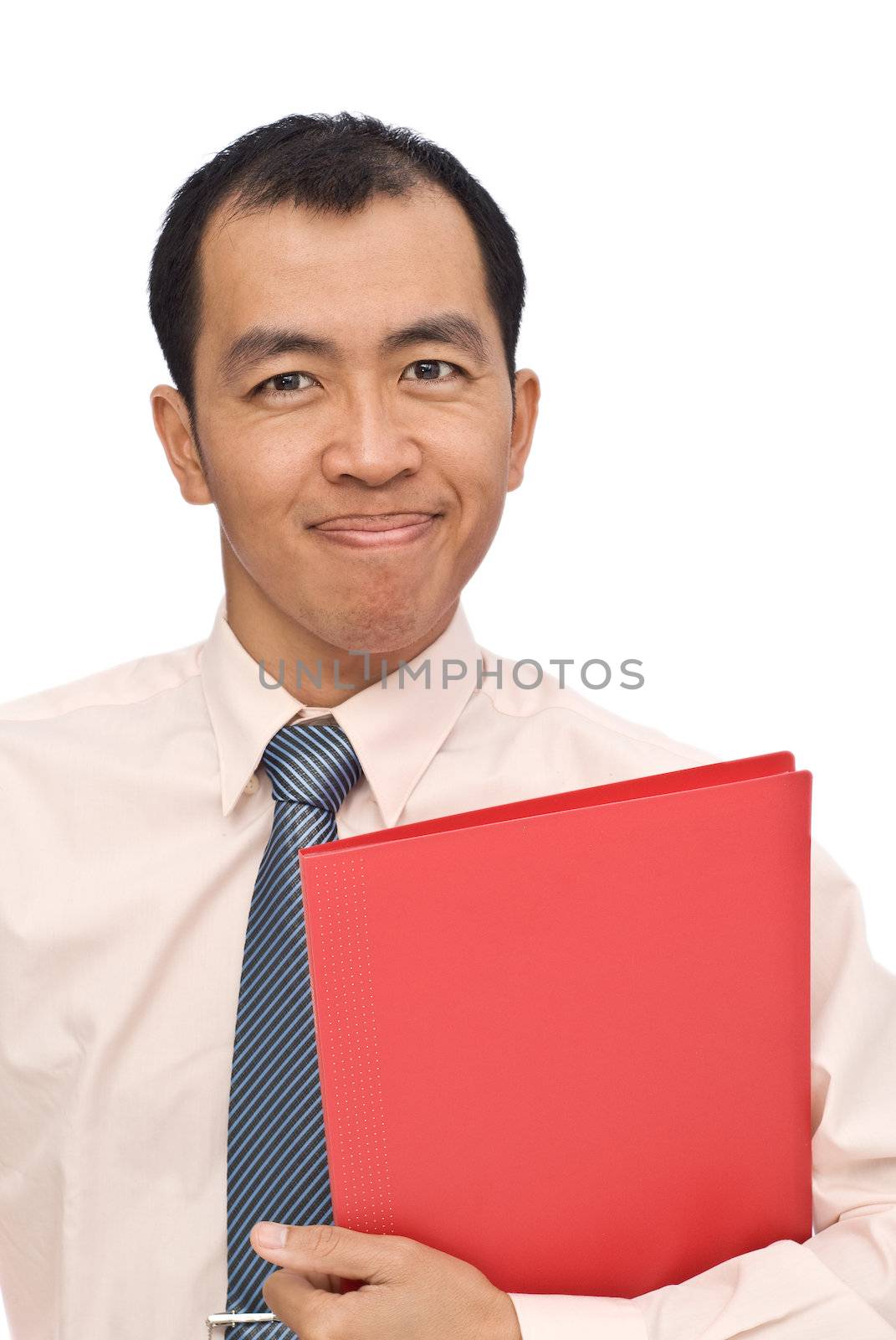 Happy businessman portrait of Asian with smile face and holding red folder on white background.