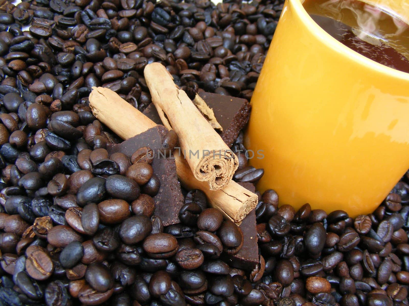 coffee cup with beans,chocolate and cinnamon