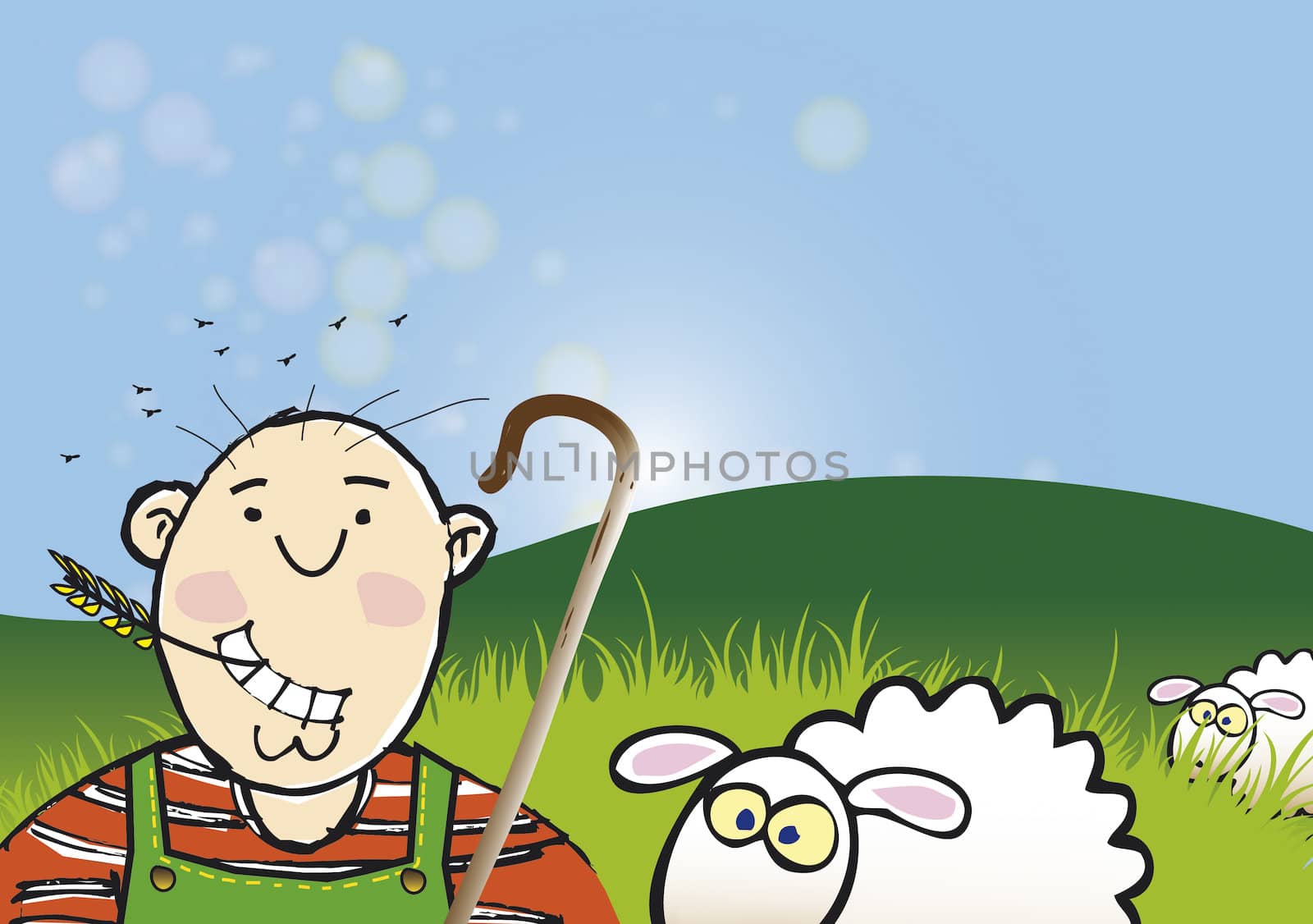 A hand drawn illustration of a sheep farmer and sheep with his crook set against green rolling hills and a blue sky background.