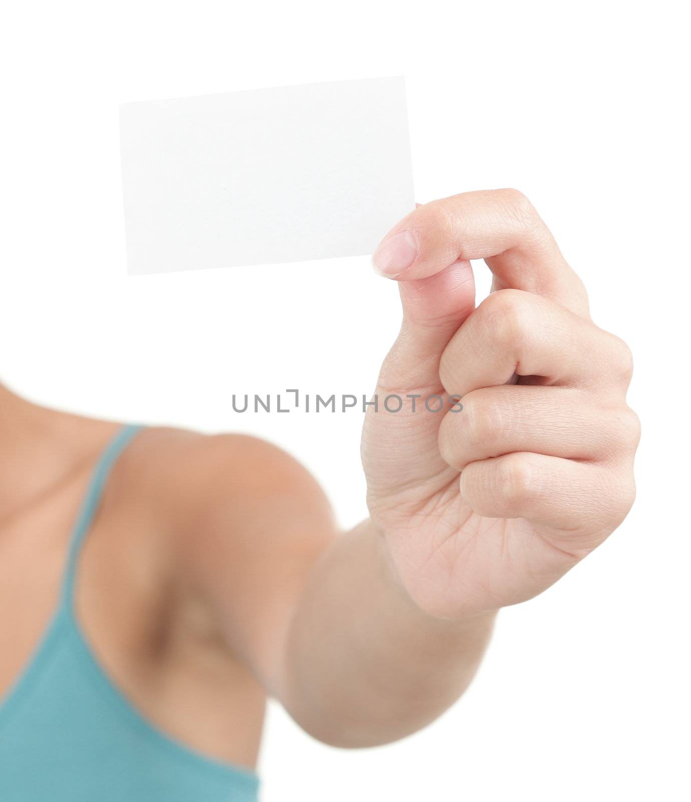 Young business woman isolated on pure seamless white showing / displaying empty business card ready for text