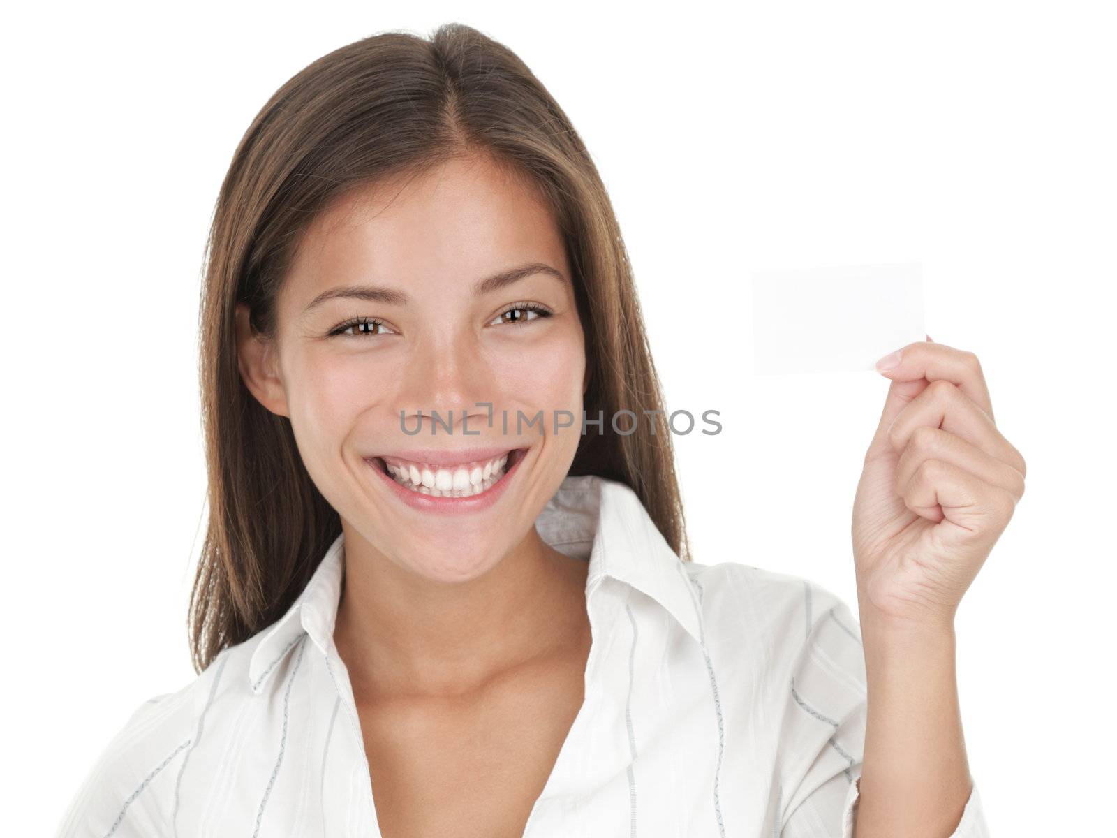 Business card woman. Young casual professional showing blank white business card / paper sign. Beautiful young mixed race chinese / caucasian woman. Isolated on white background. 