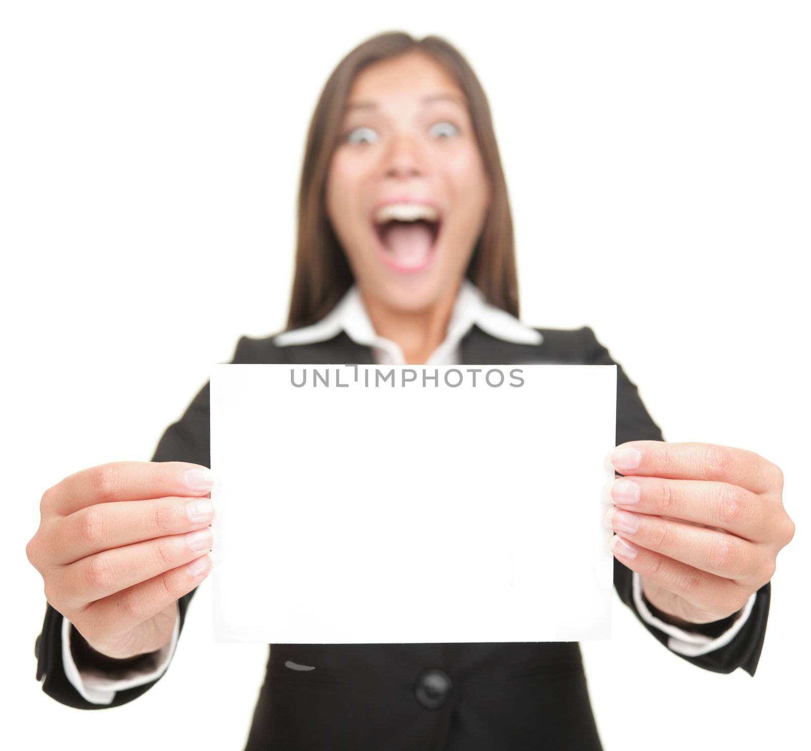Business woman excited holding empty blank sign card  by Maridav