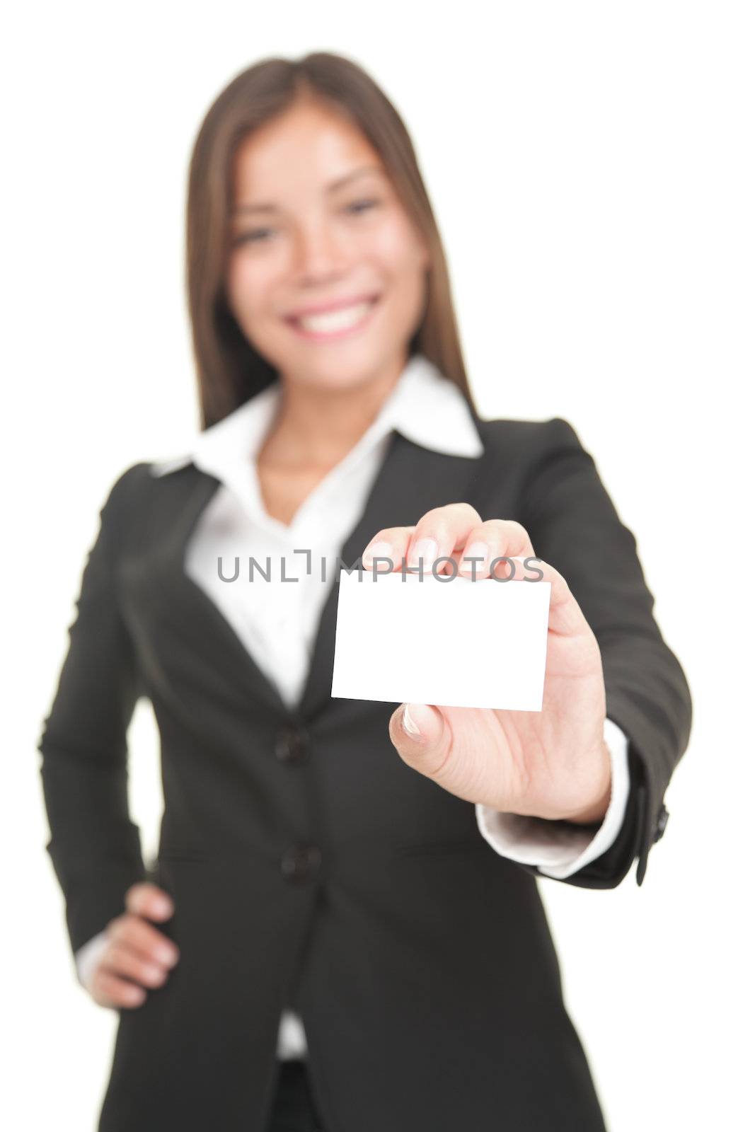 Business card woman. Pretty mixed chinese asian / caucasian business woman isolated on white.