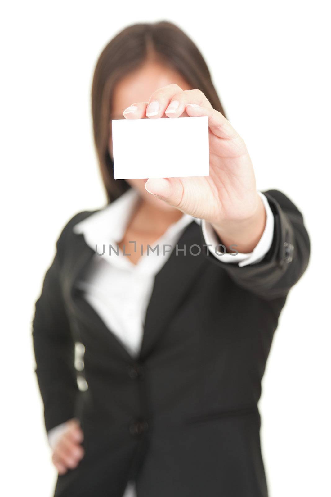 Businesswoman holding business card by Maridav