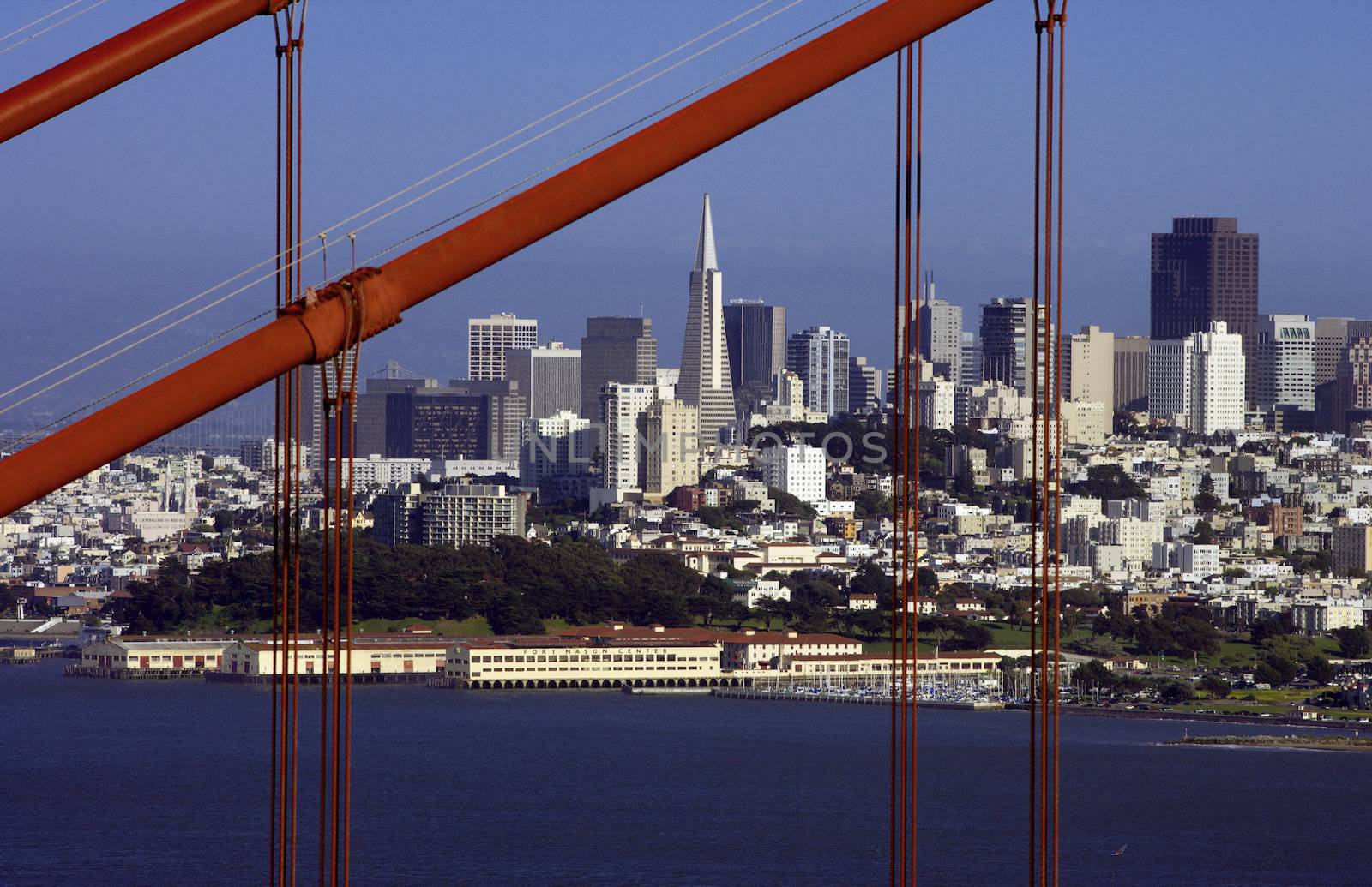 view bay and city of San Francisco California skyline from the bridge