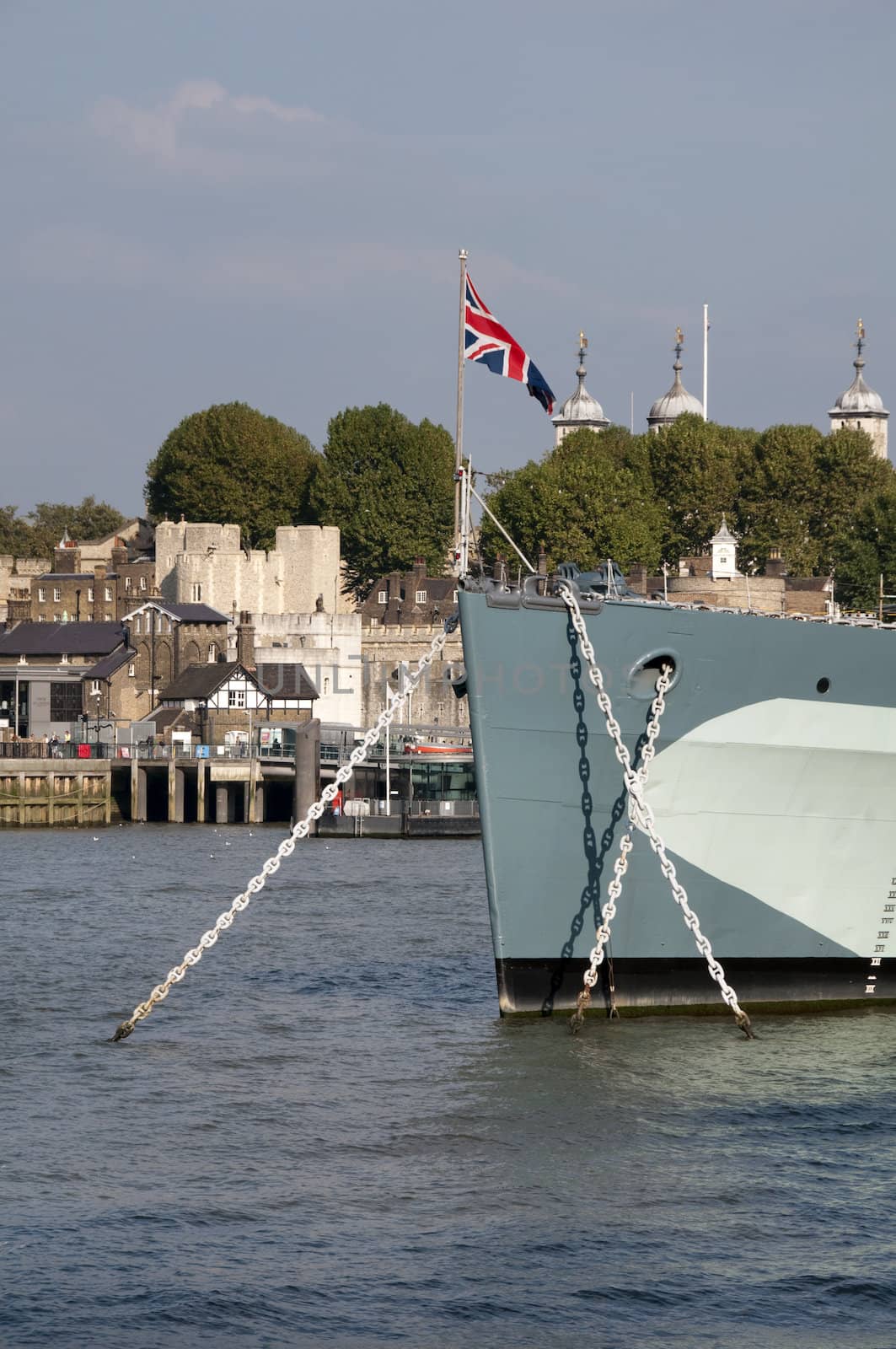 A warship on the river Thames in London