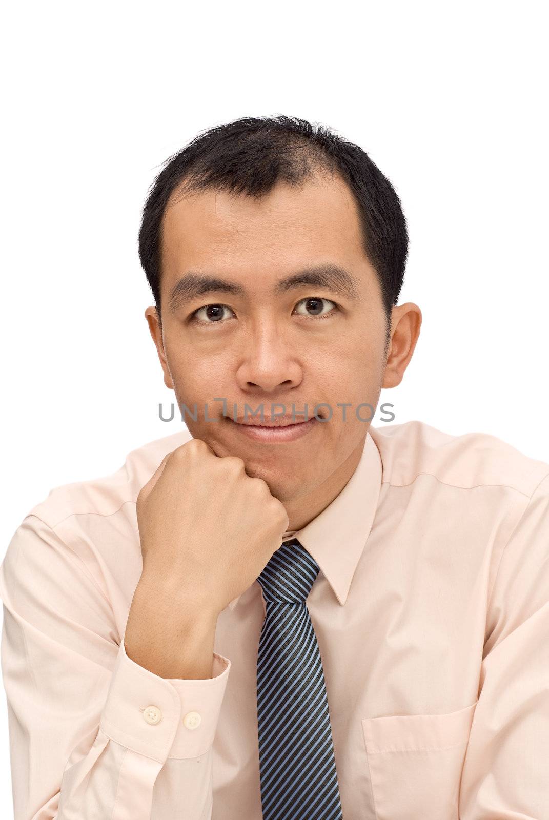 Mature businessman portrait of Asian with thinking expression on white background.