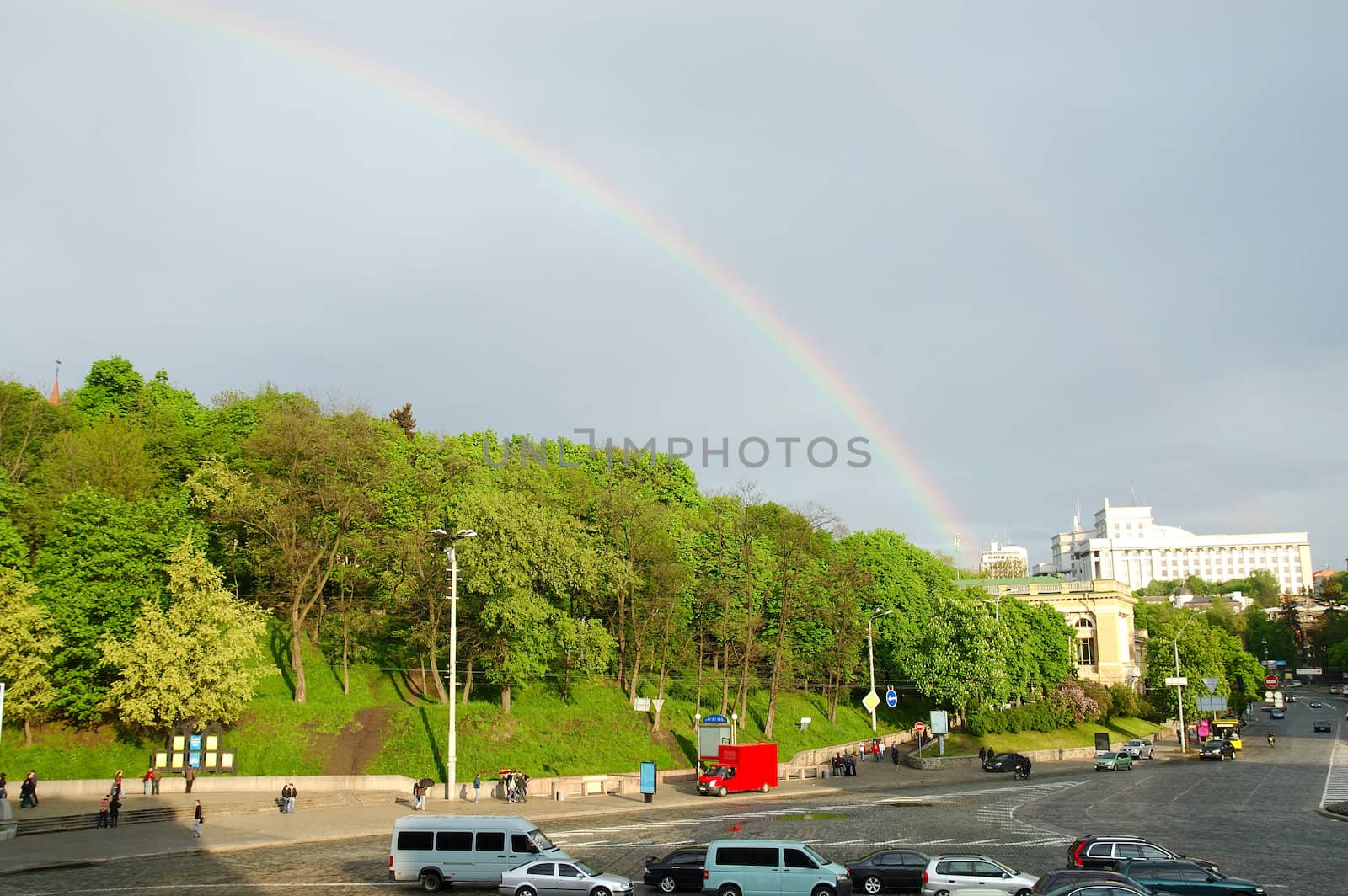 rainbow over city landscape