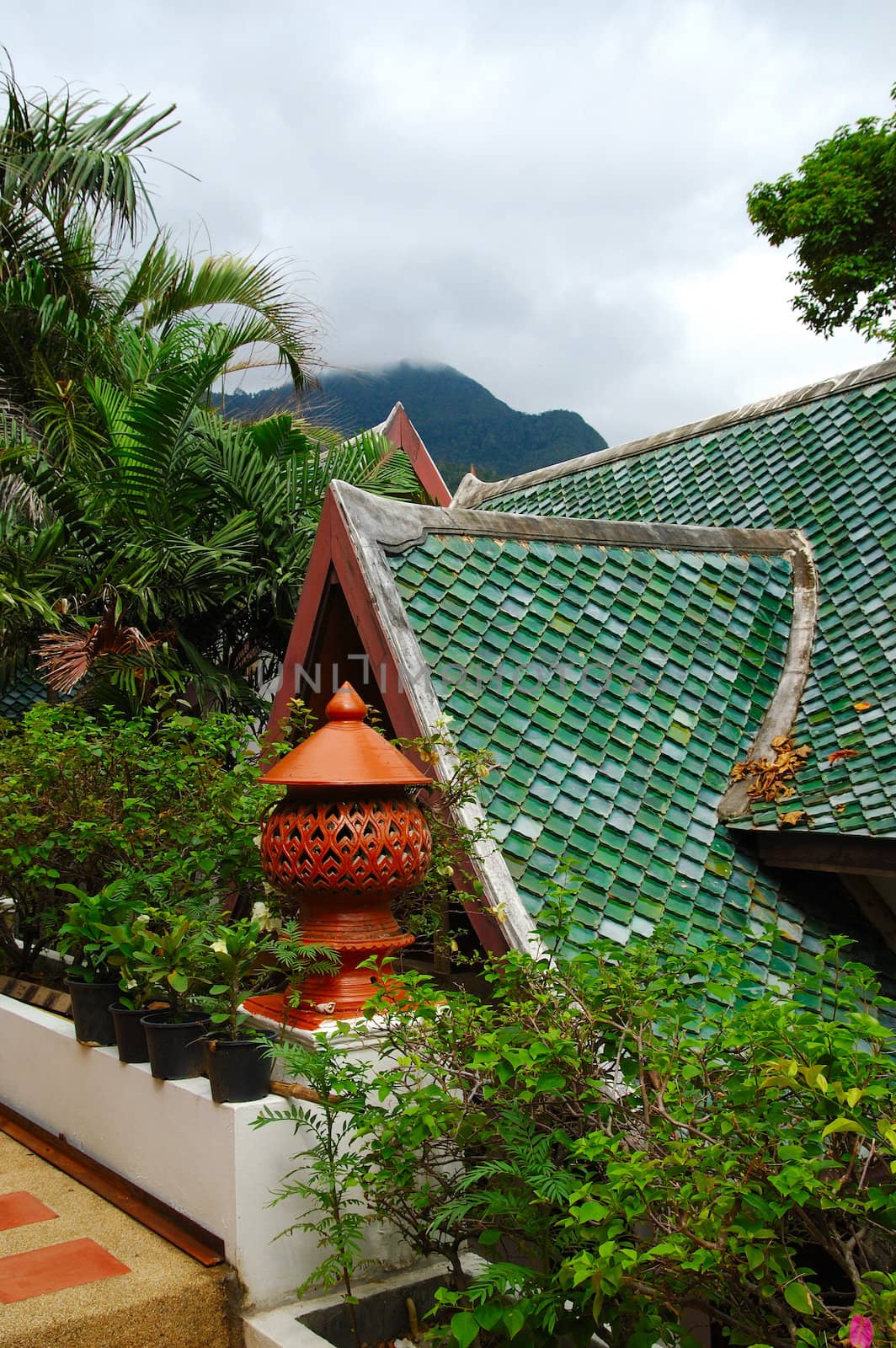 green roof of traditional thai pagoda