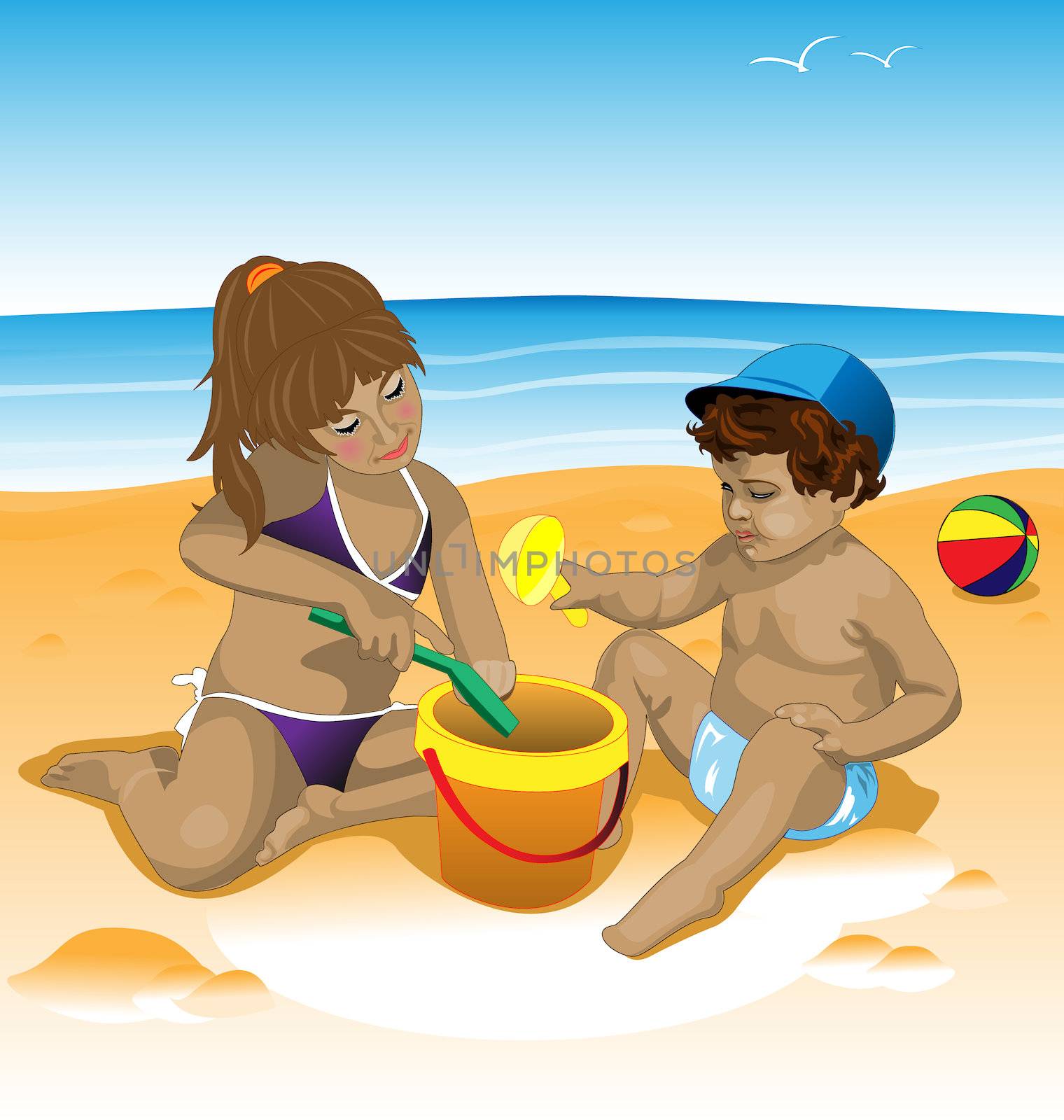 Children's illustration on the beach with toys