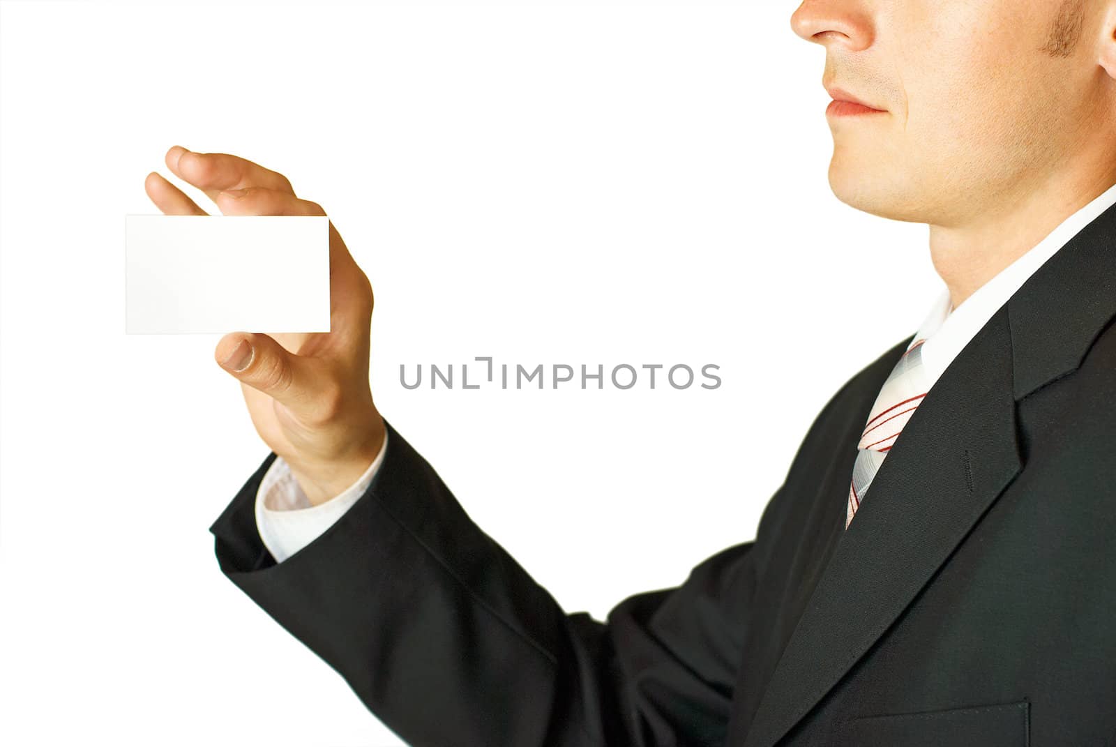 Young businessman holding blank card by DmitryYakunin