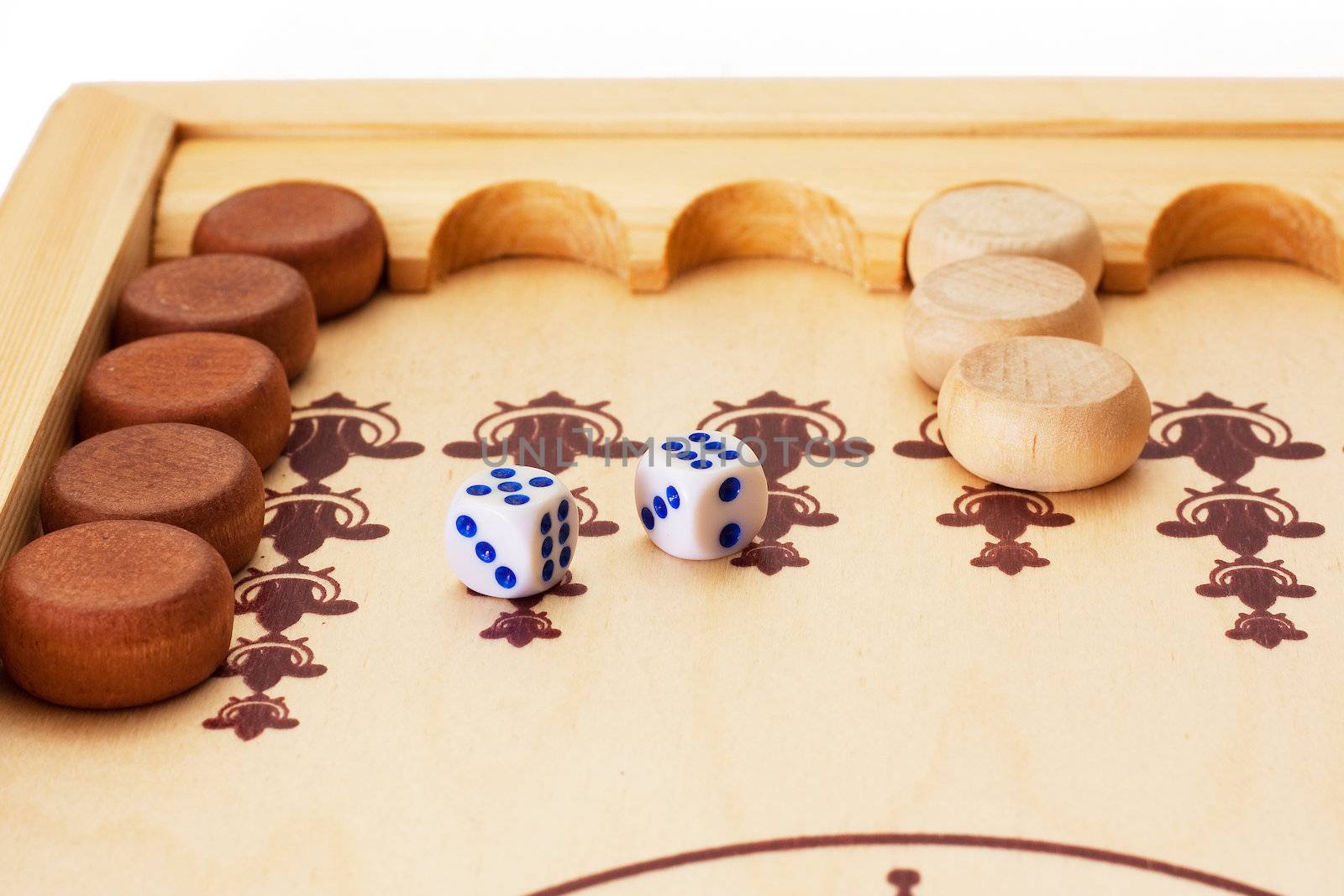 View of dice and game pieces during backgammon game