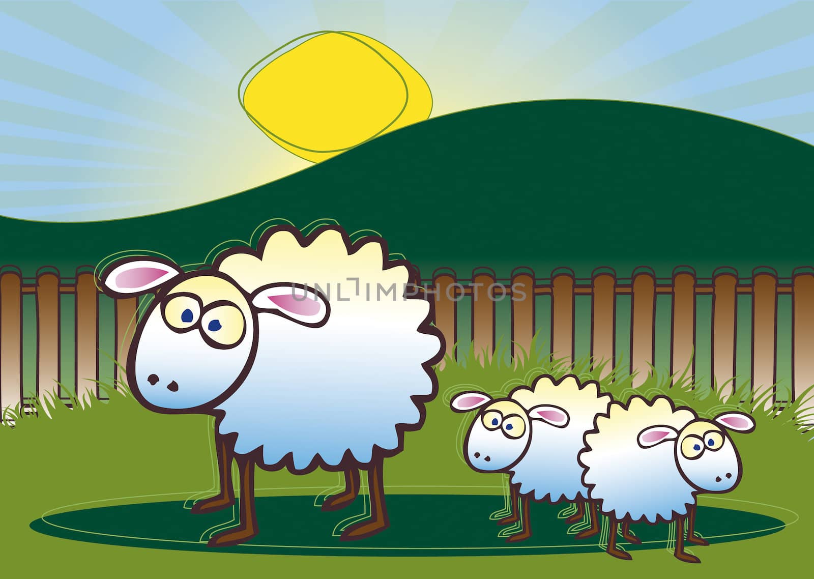 An illustration of a family of sheep consisting of a mother and two lambs set against a rural background with setting sun.