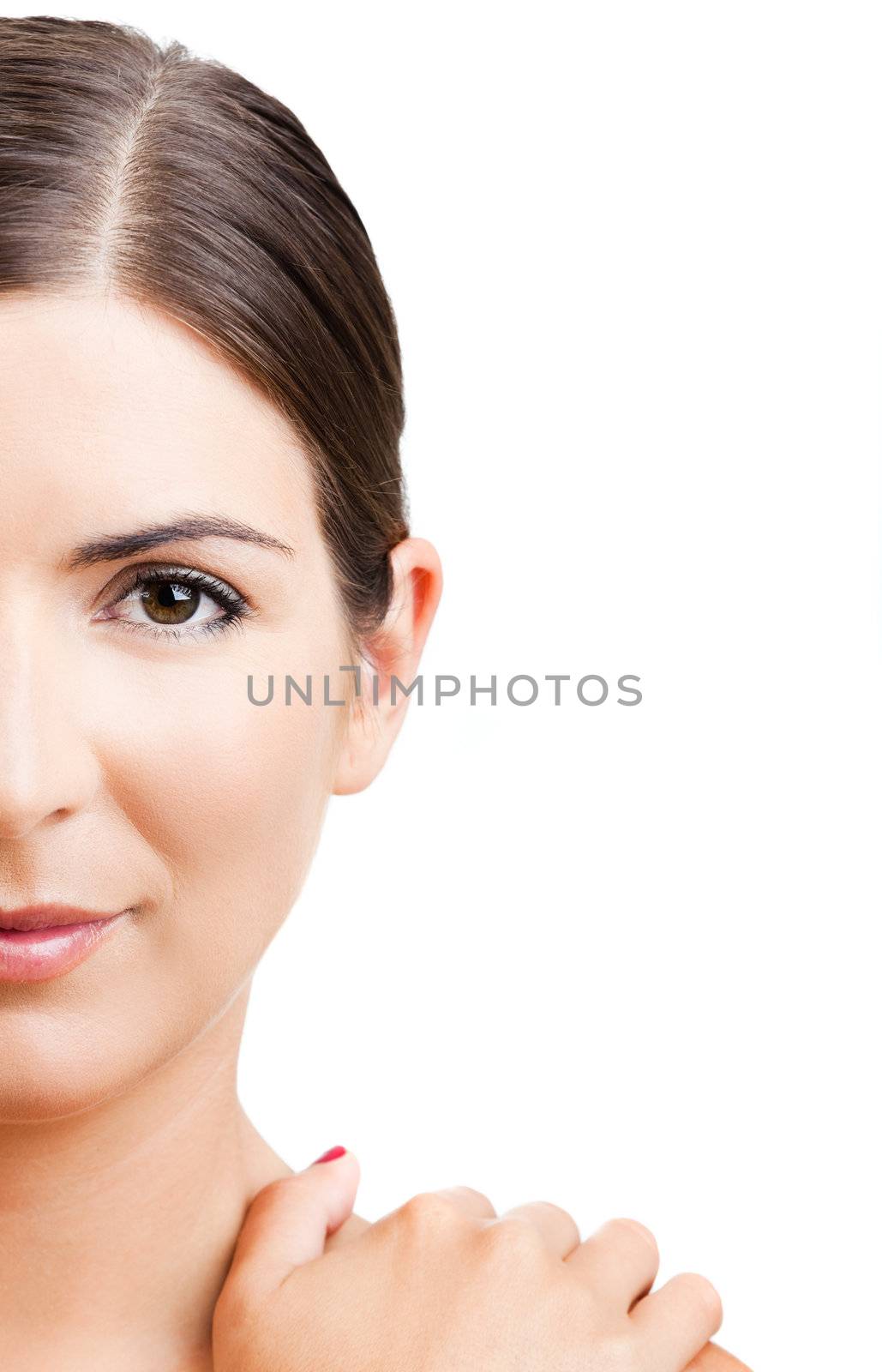 Close-up portrait of a beautiful and fresh woman isolated on white