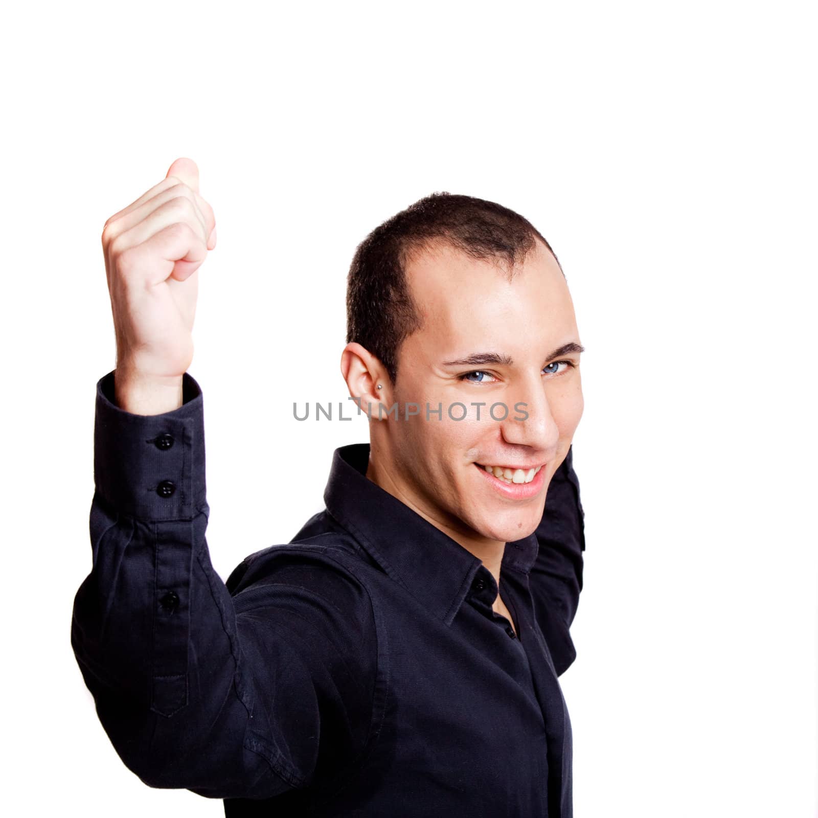 Portrait of a young and happy businessman, isolated on white background