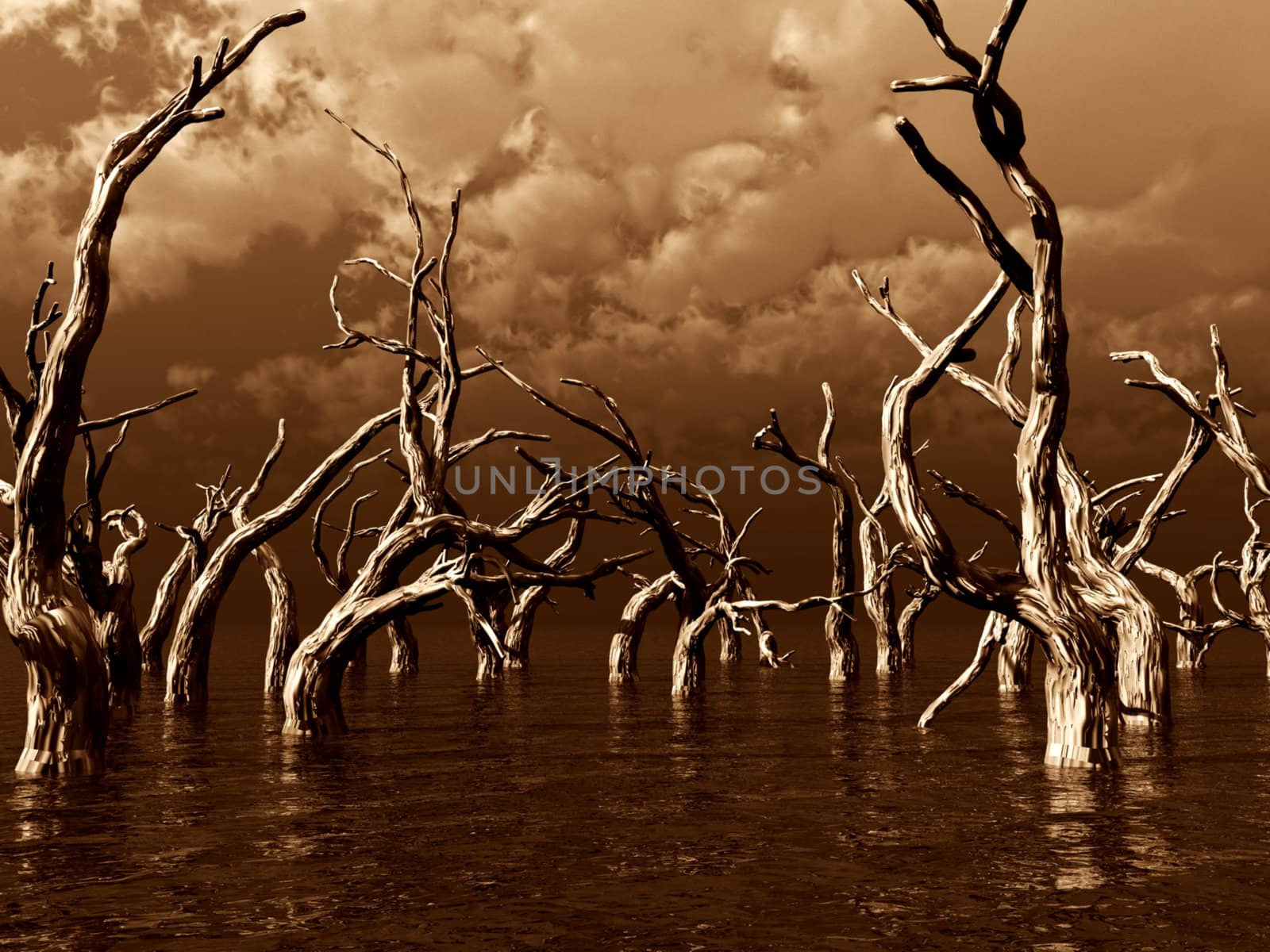 dead trees at a dark water landscape - 3d illustration