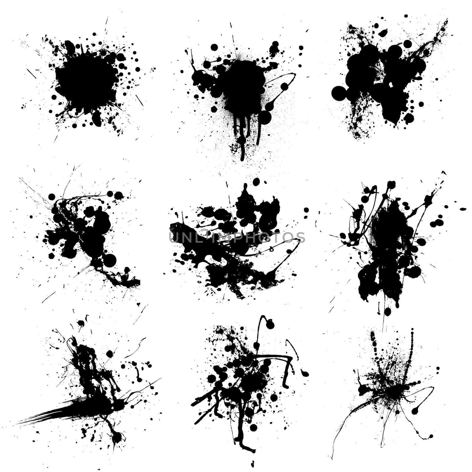 Collection of nine black and white ink splat stains