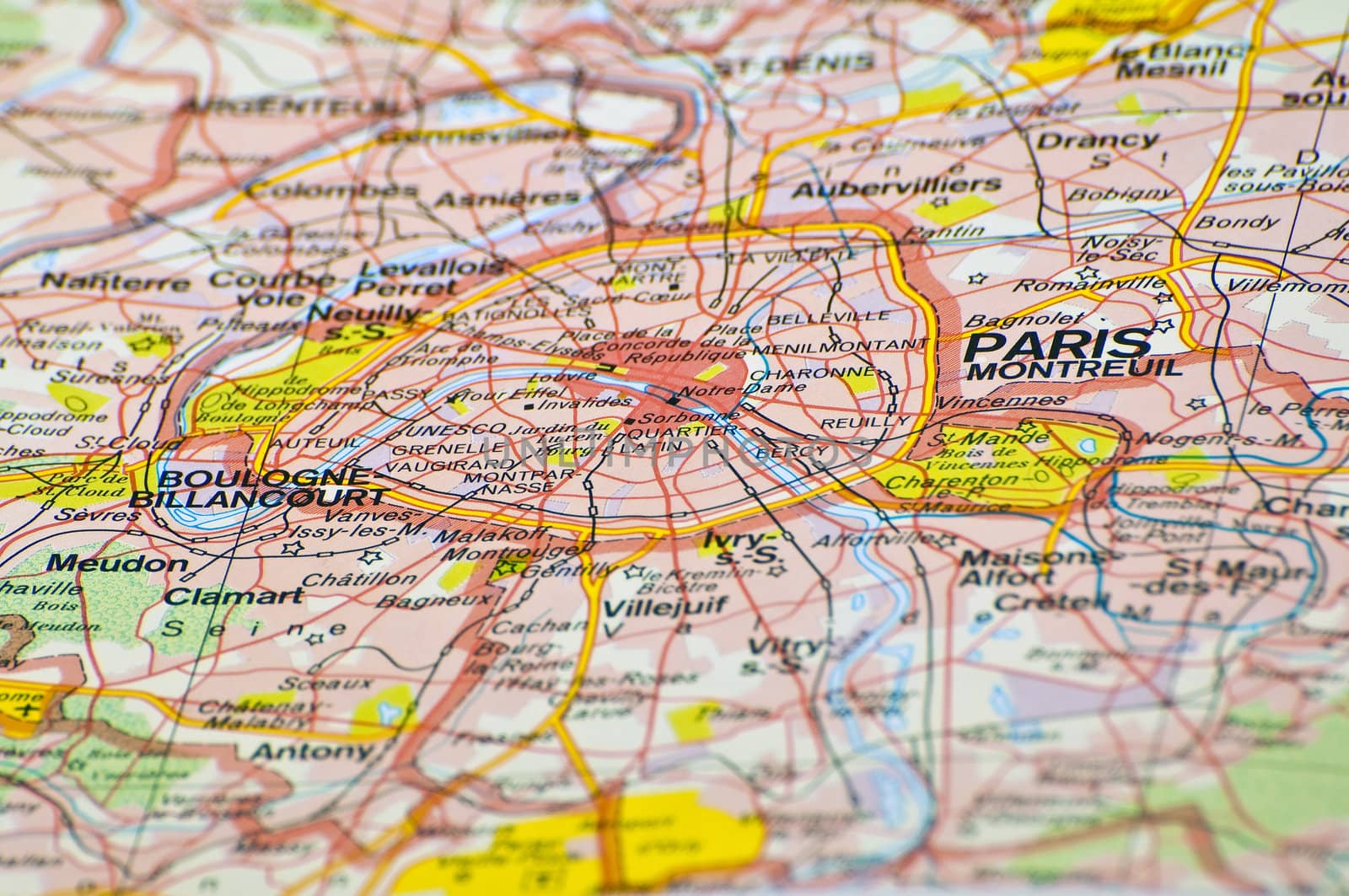 Road map of Paris and surrounding areas, France.