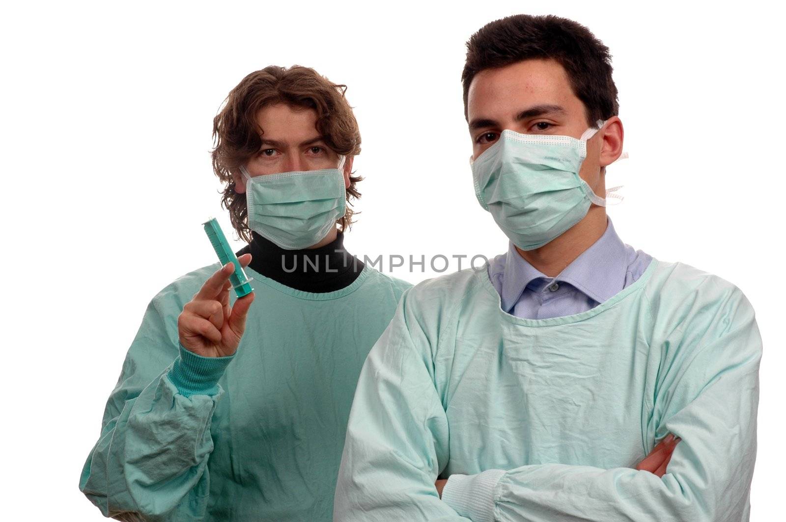 two doctors with syringe over white background