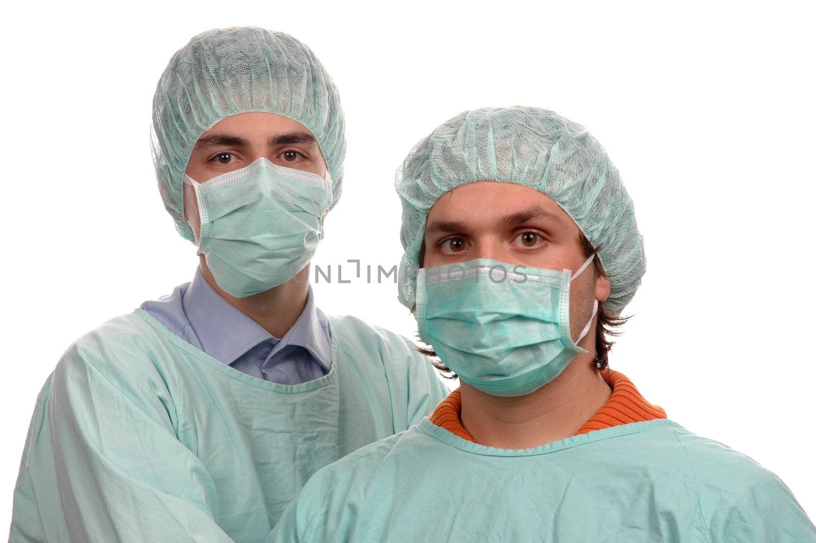 two young doctors isolated over white
