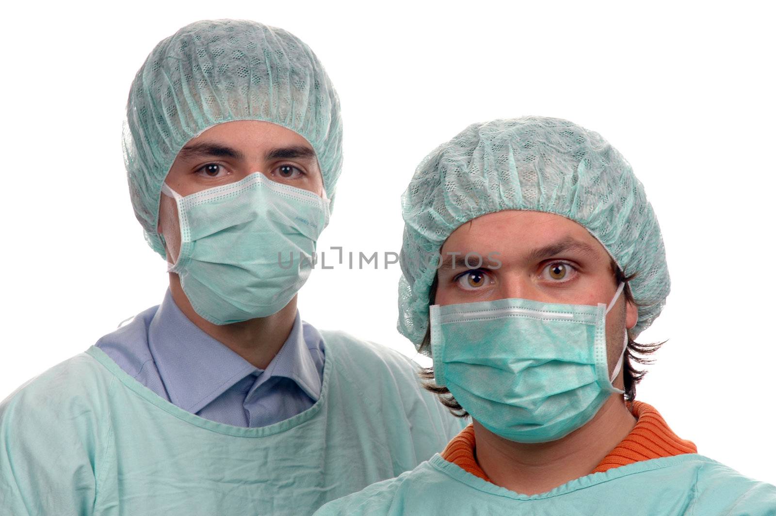 two young doctor portrait with mask over white background by raalves