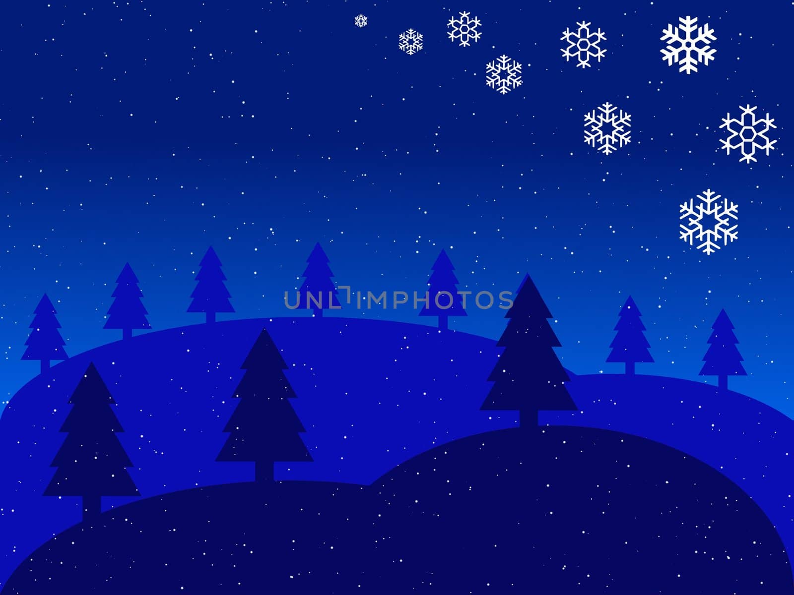 a blue illustration of a christmas landscape