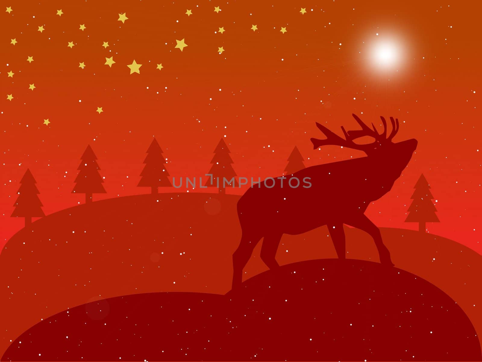 a red illustration of a christmas landscape with a deer