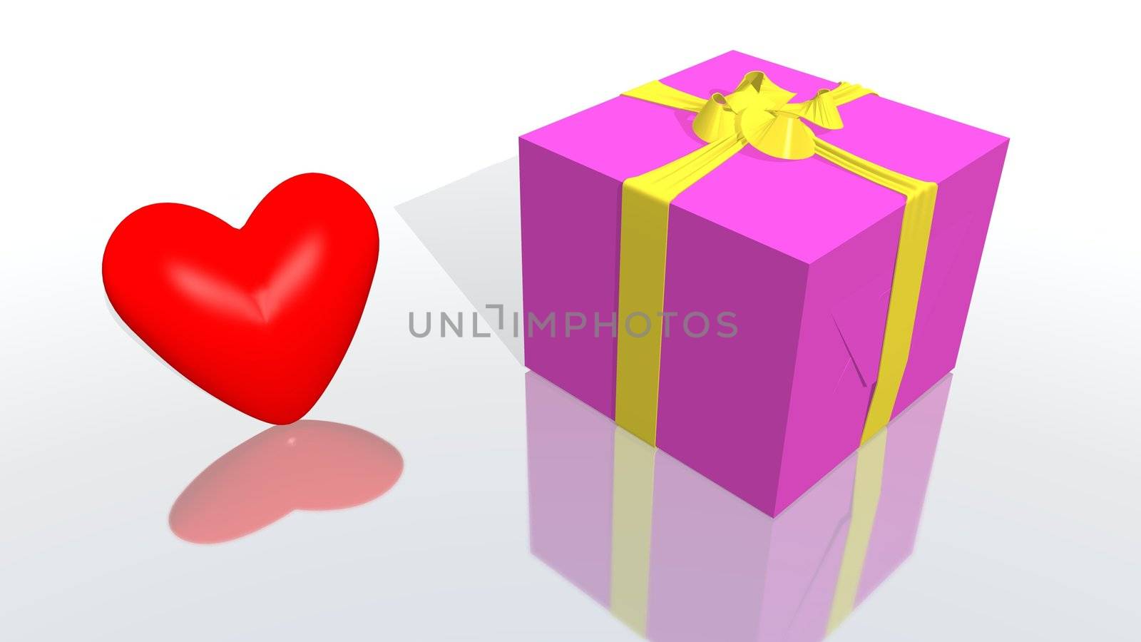 a 3d rendering of a purple gift with yellow ribbon
