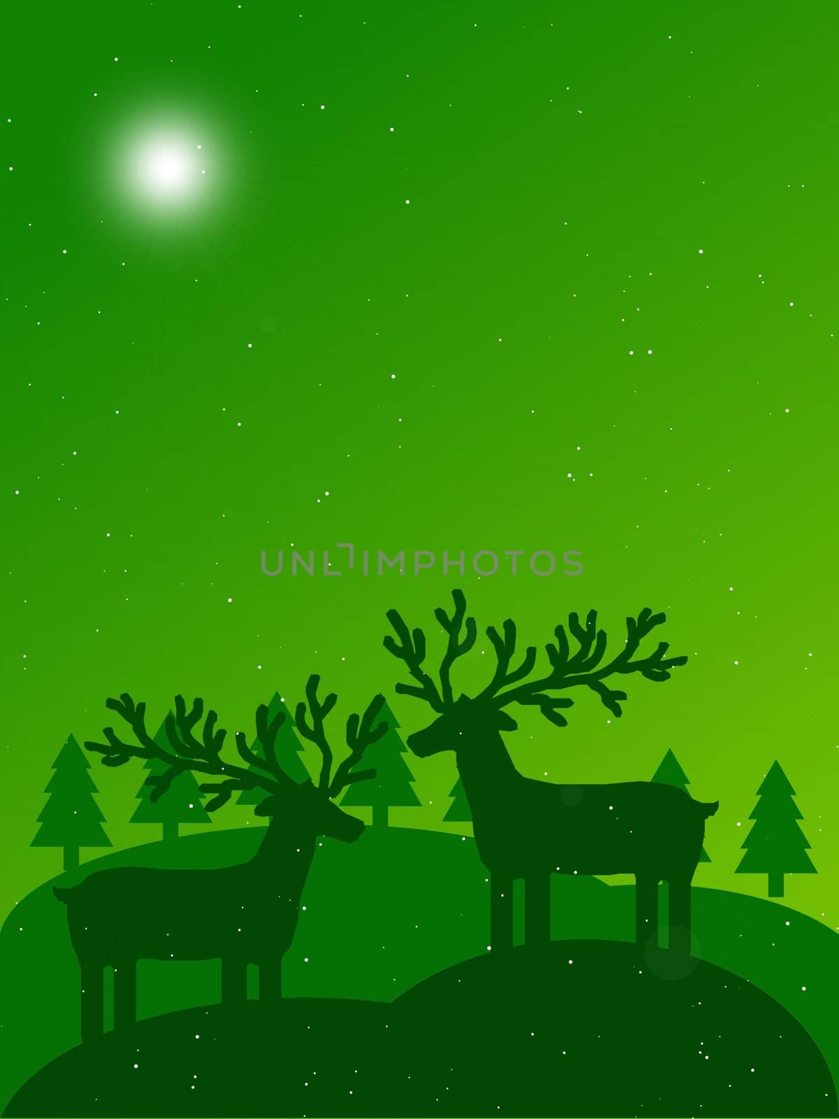 a green illustration of a christmas landscape with reindeers