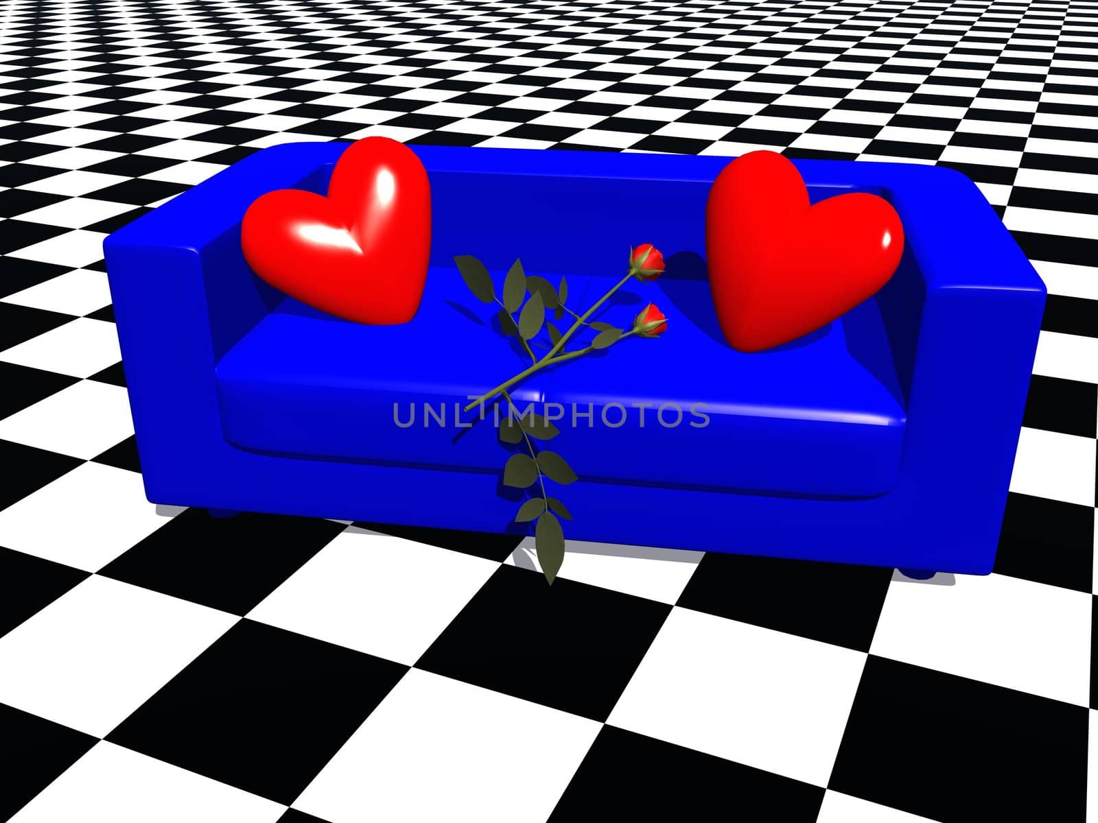 a 3d rendering of a a blue sofa with hearts-cushions and a rose