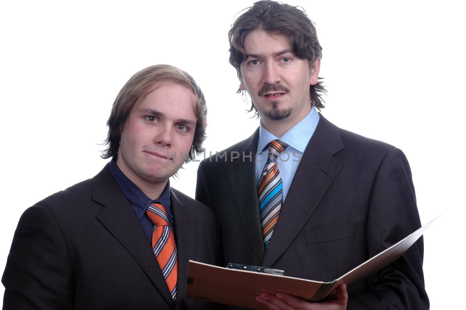 two businessman reading document over white