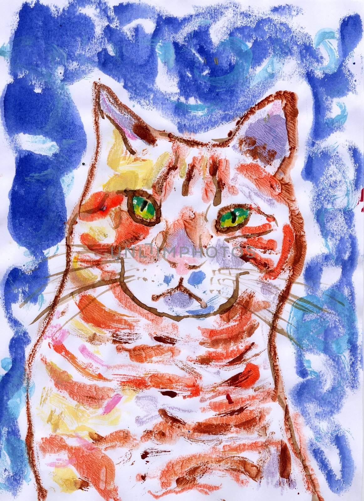 a monoprint of a red cat over a blue background