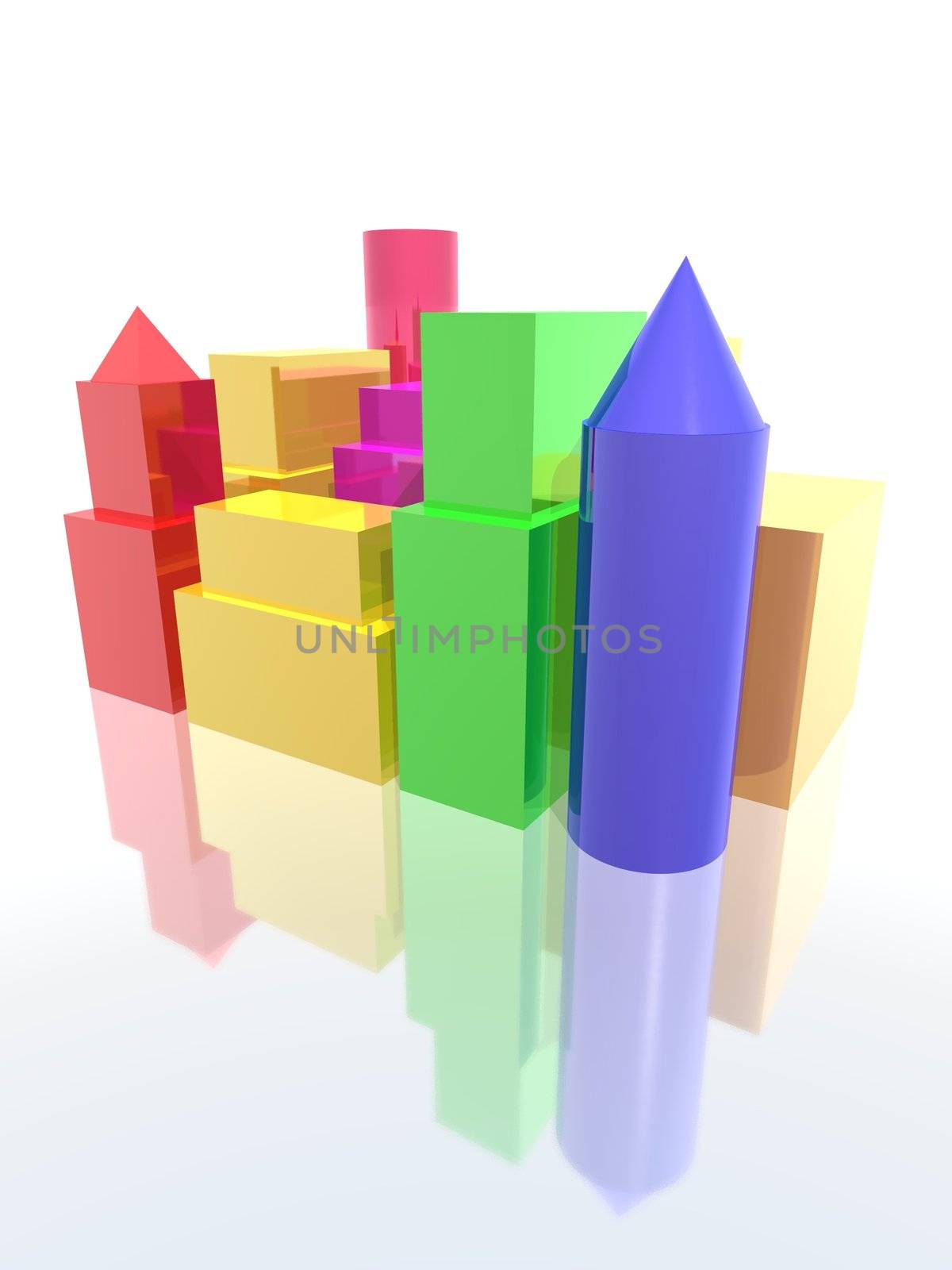 a 3d rendering of a city with colored buildings