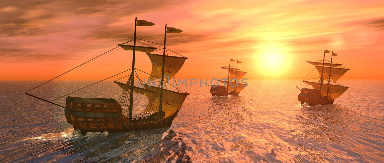 a 3d rendering of three vessels at sunset