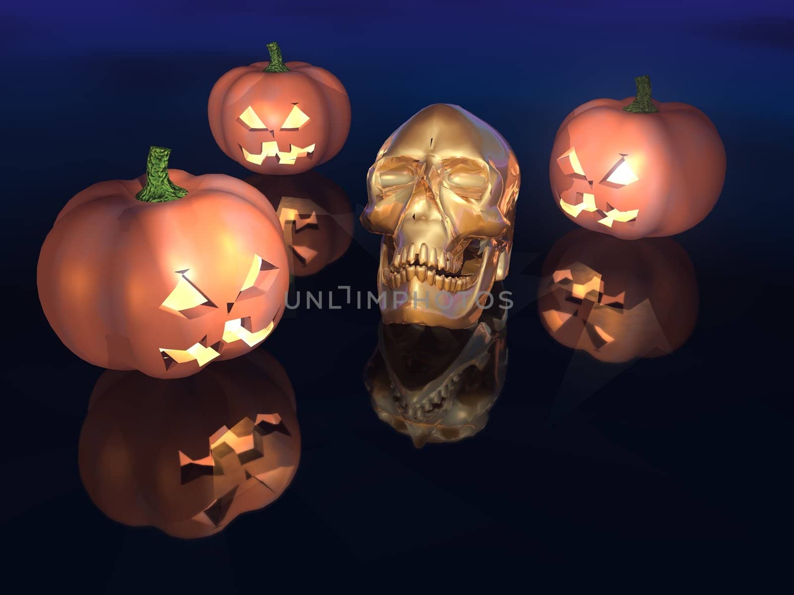 a 3d rendering of pumpkins and golden skull