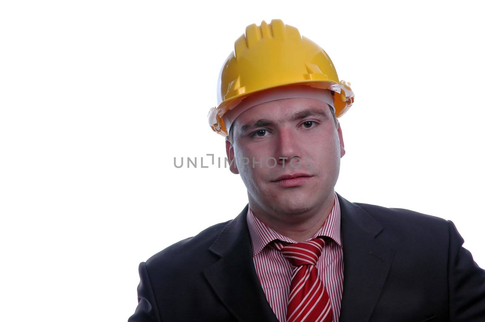 young engineer with yellow helmet, isolated