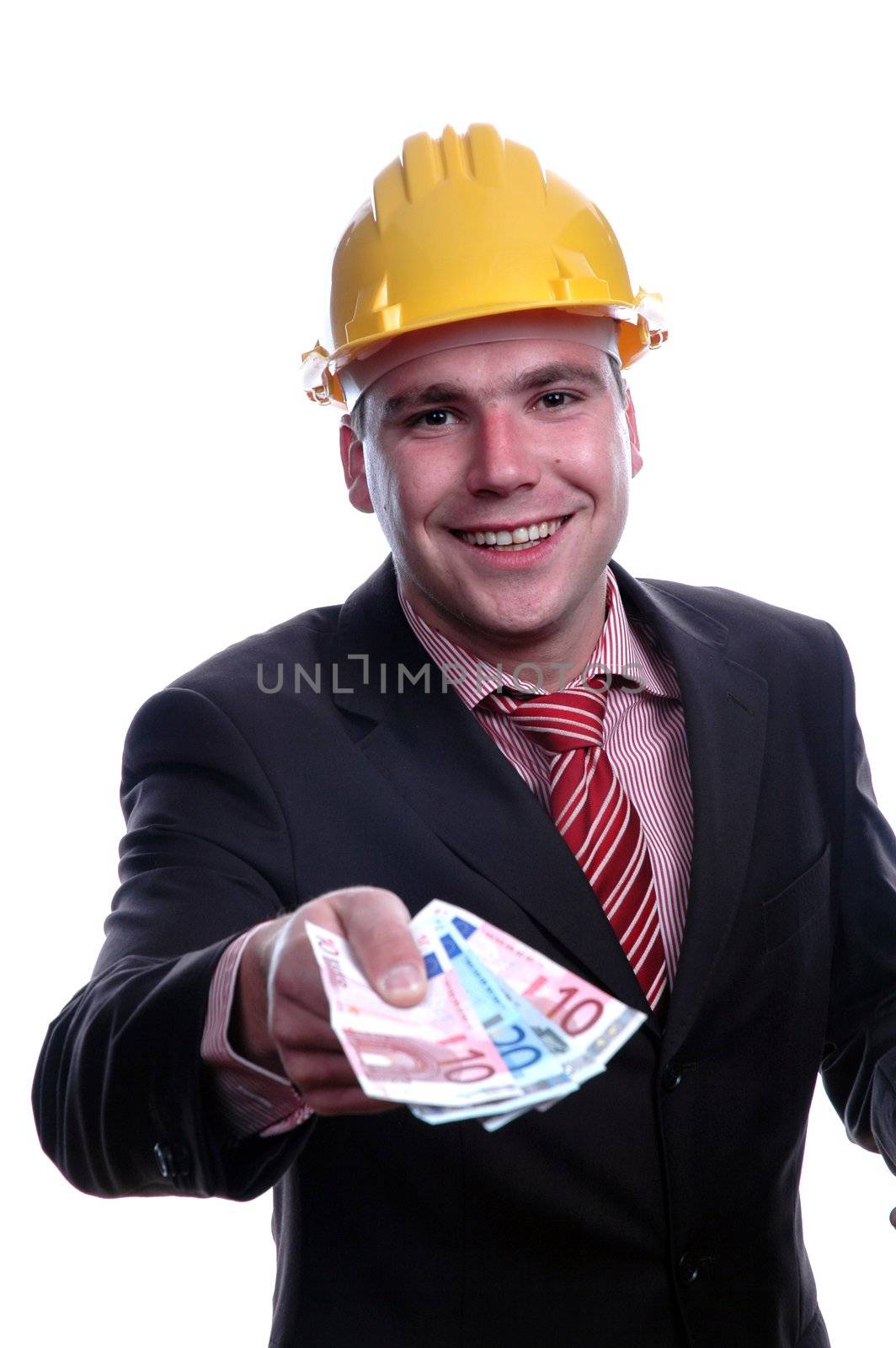 young engineer with helmet and holding banknotes by raalves