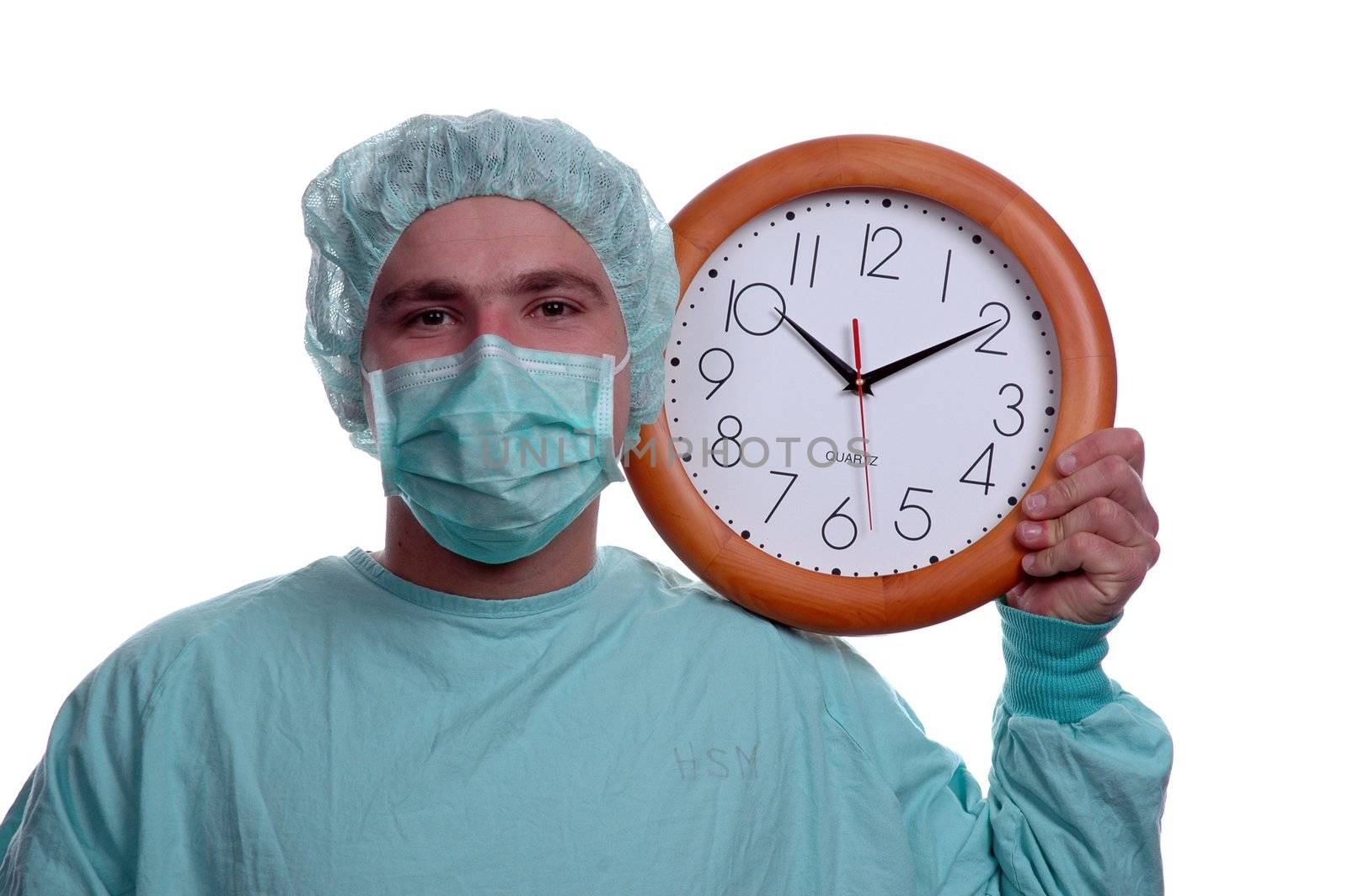 young doctor holding wall clock over white by raalves